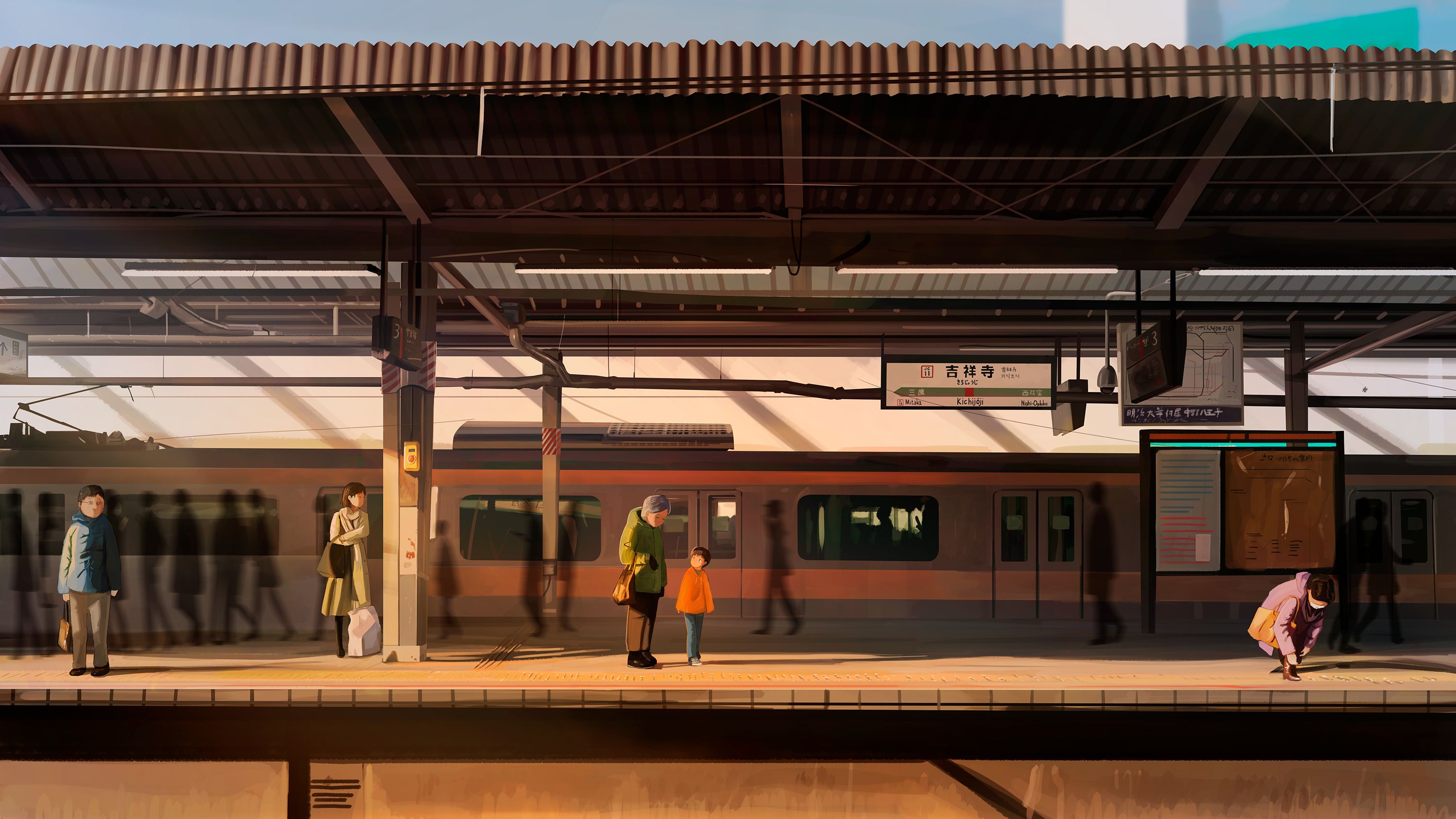 883619 скачать картинку аниме, оригинал, железнодорожная станция, поезд - обои и заставки бесплатно