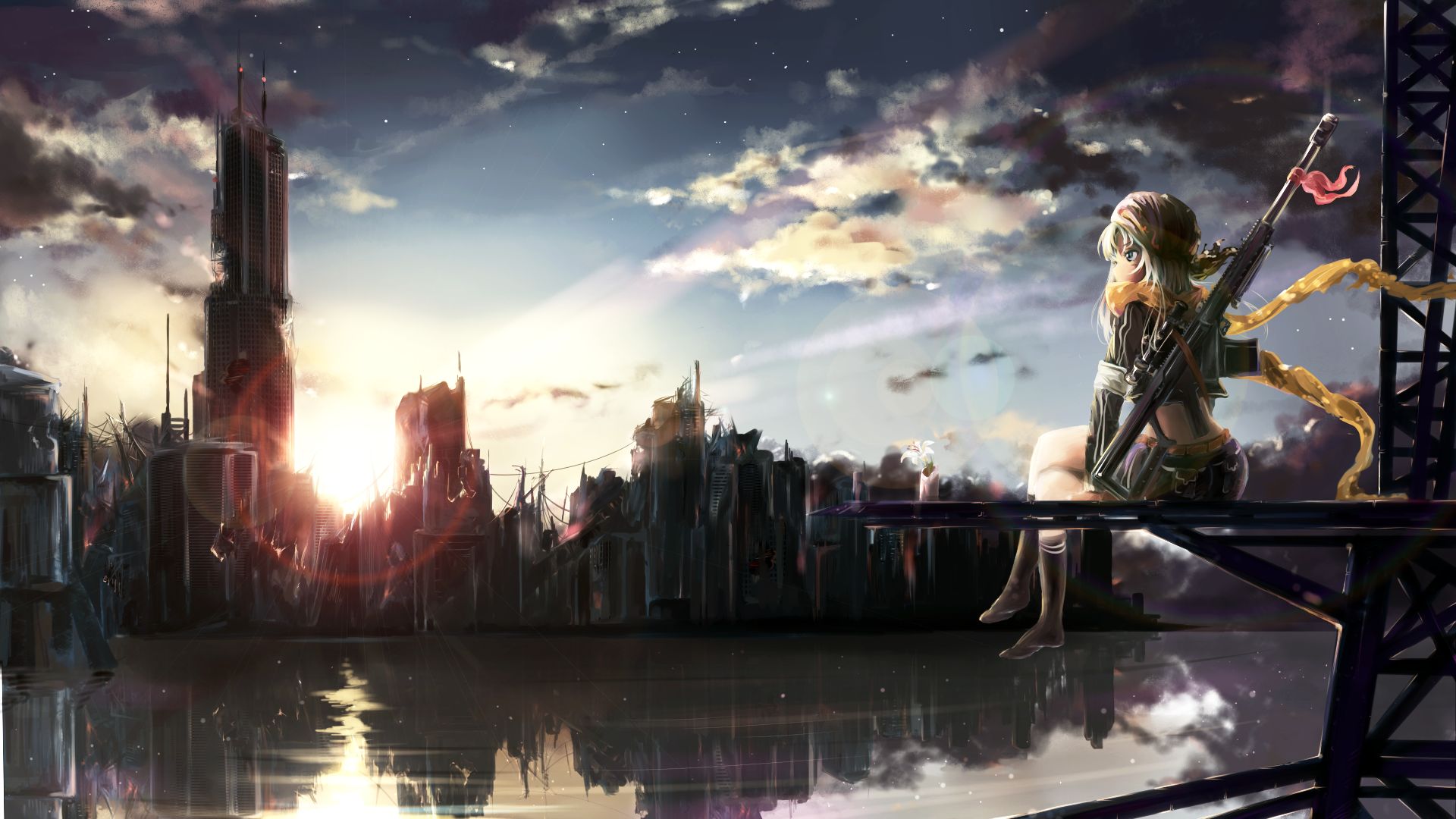 Download mobile wallpaper Anime, Weapon, City, Reflection, Ruin, Original, Post Apocalyptic, Rifle for free.