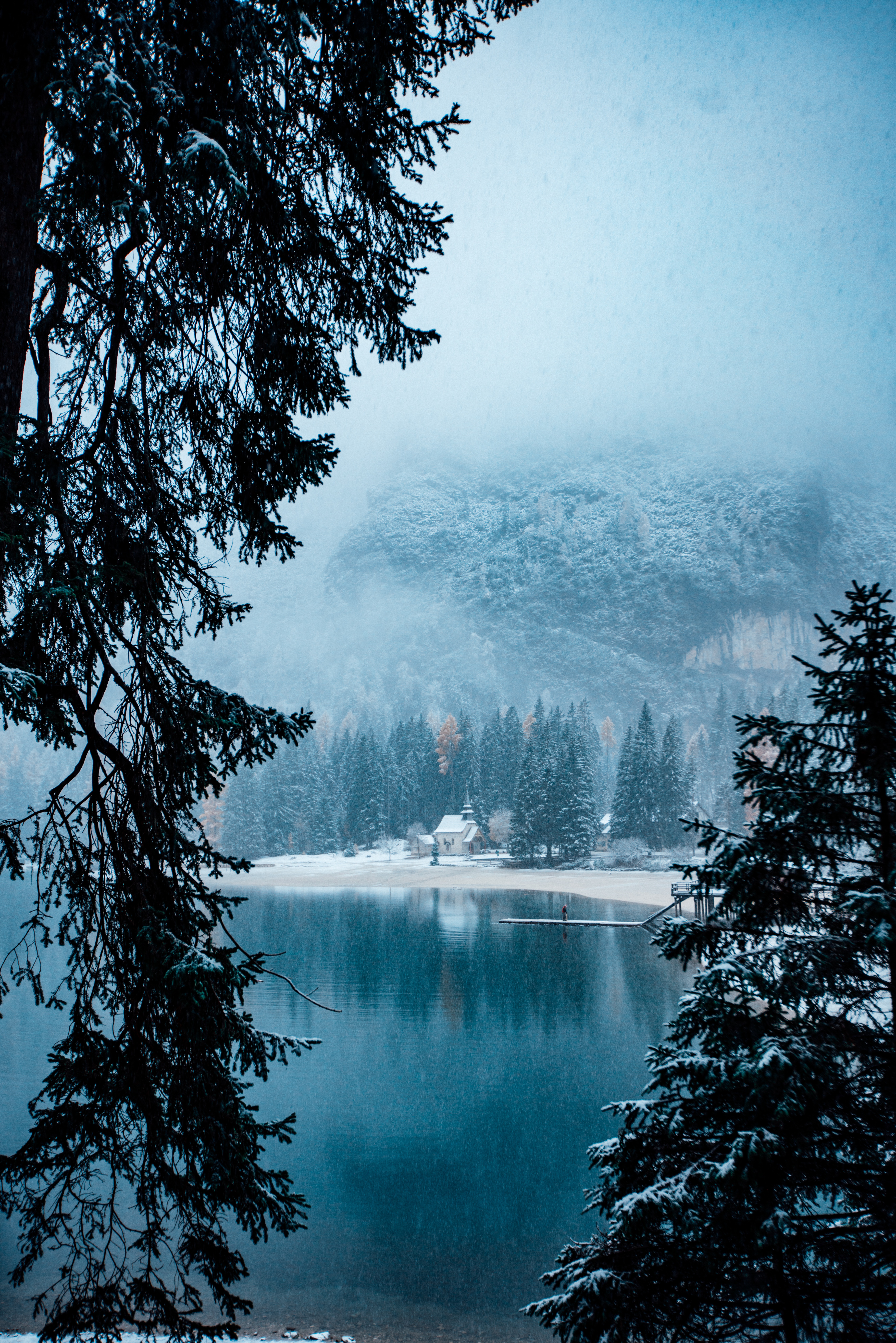 nature, landscape, winter, lake, shore, bank, snowstorm