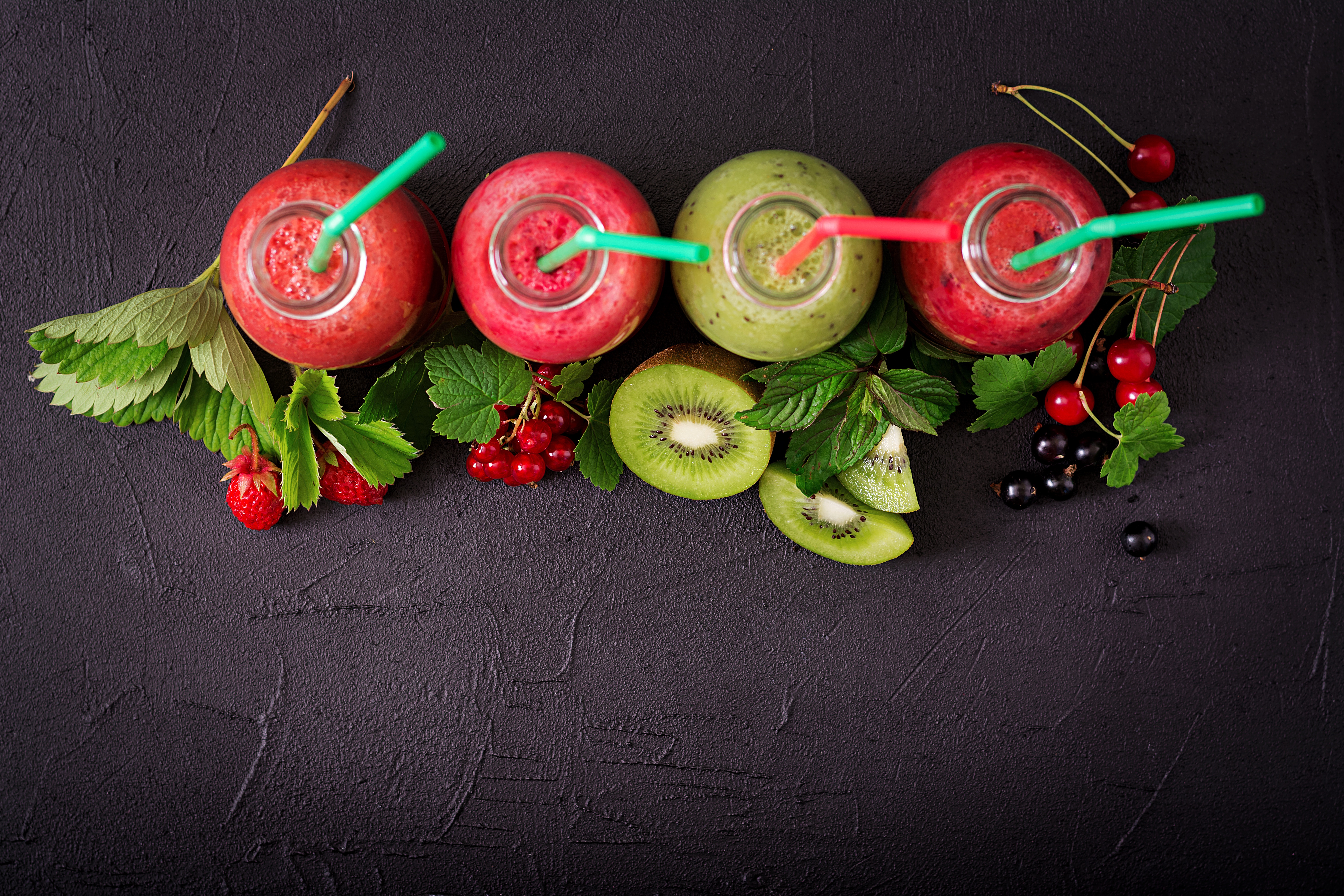 kiwi, smoothie, food, cherry, drink, fruit, leaf, raspberry, still life, straw for android