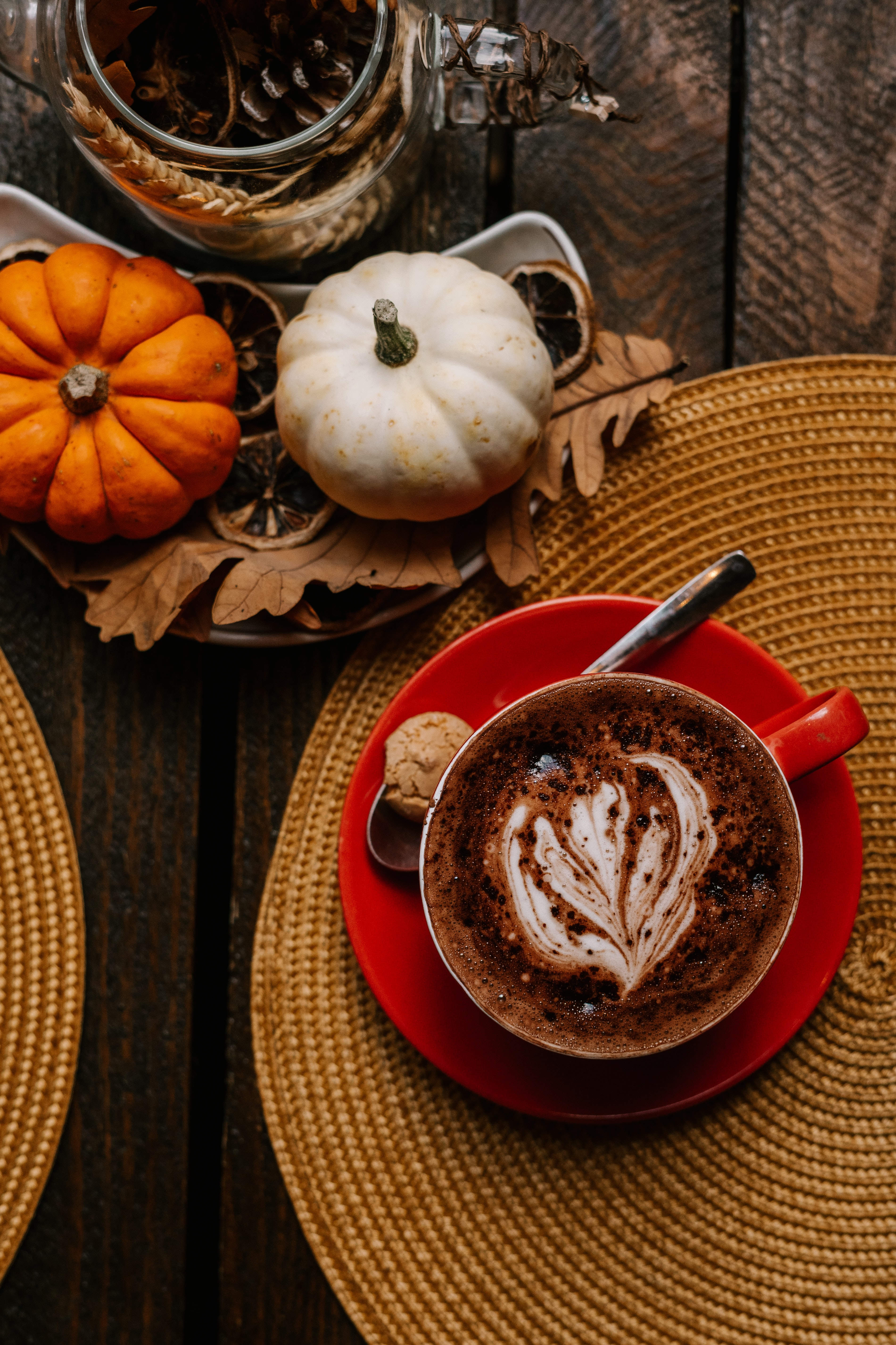 pumpkin, coffee, cup, food, leaves, orange, lobules, slices