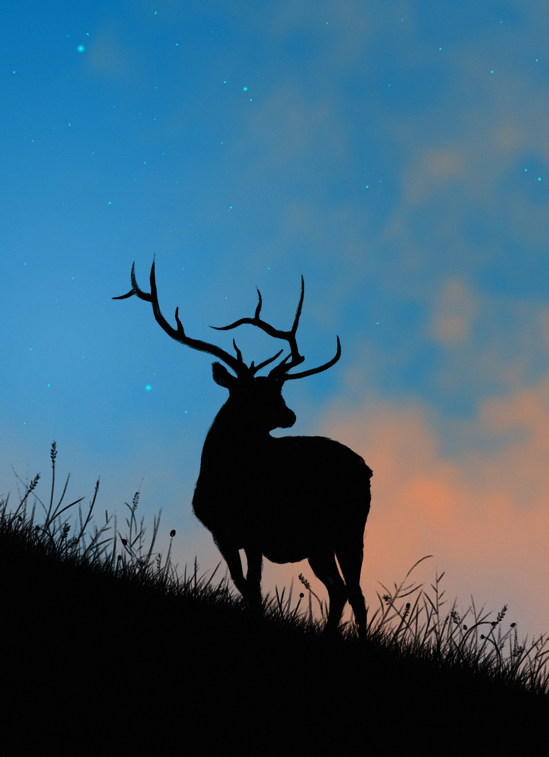 deer, art, horns, stars, twilight, silhouette, dusk