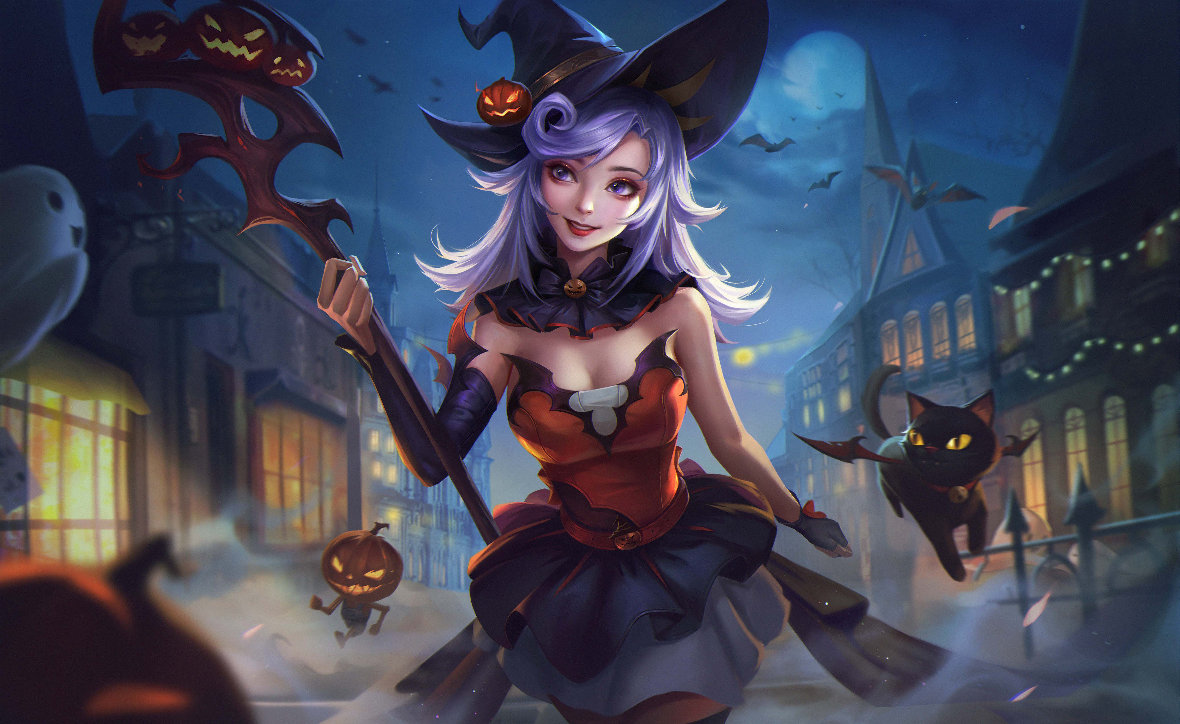 girl, anime, cat, halloween, night, staff, witch hat, witch