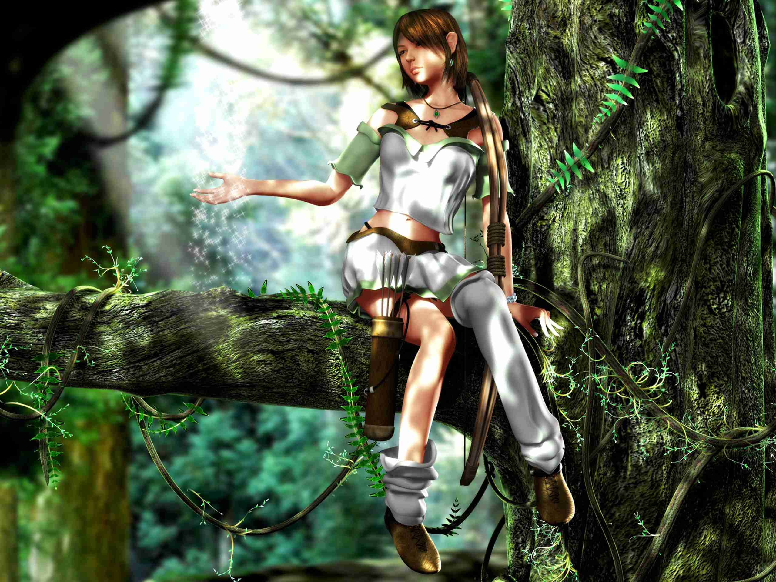Девушка с луком на дереве