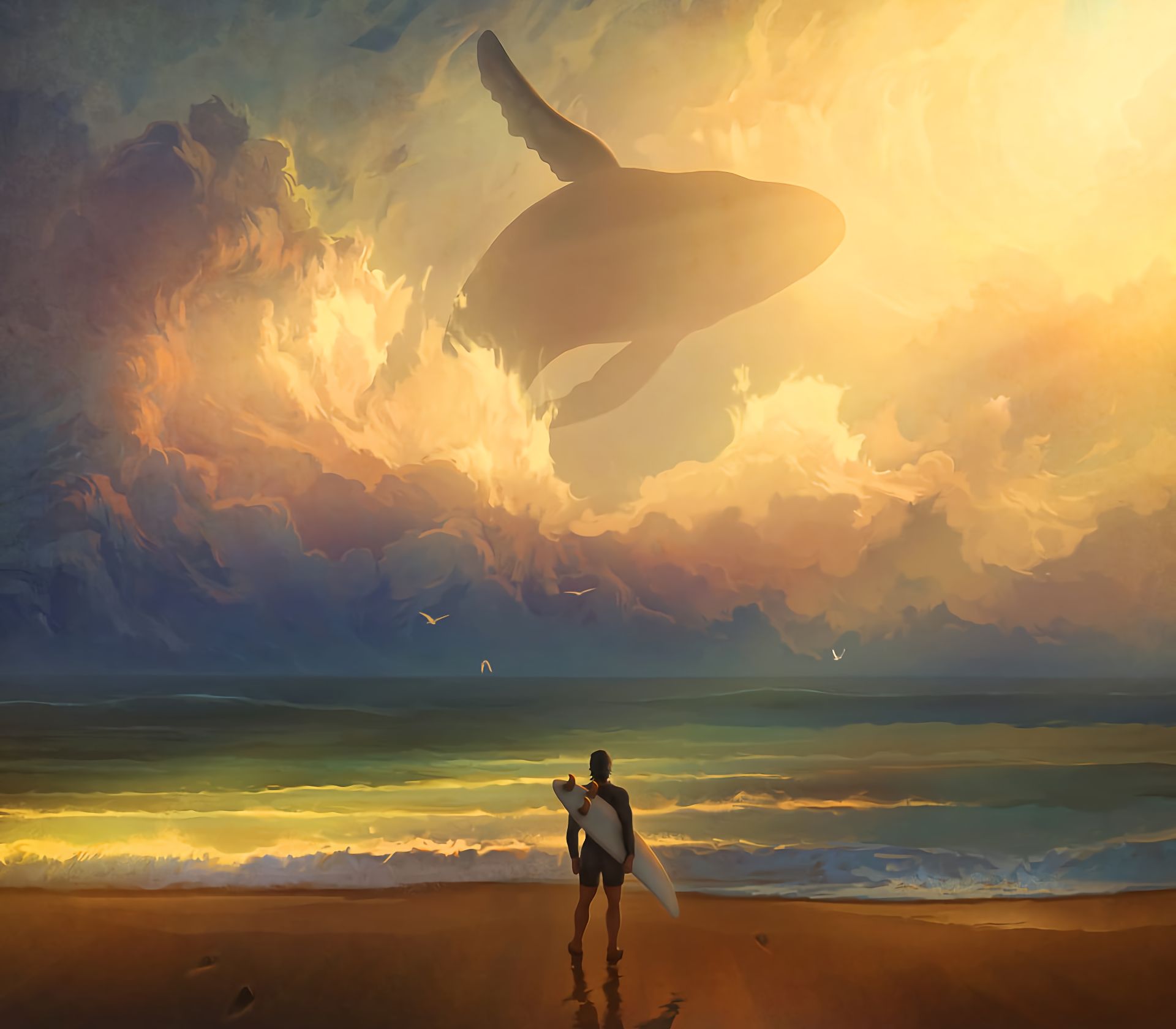 surfer, fantasy, whale, cloud, ocean, sea, fantasy animals