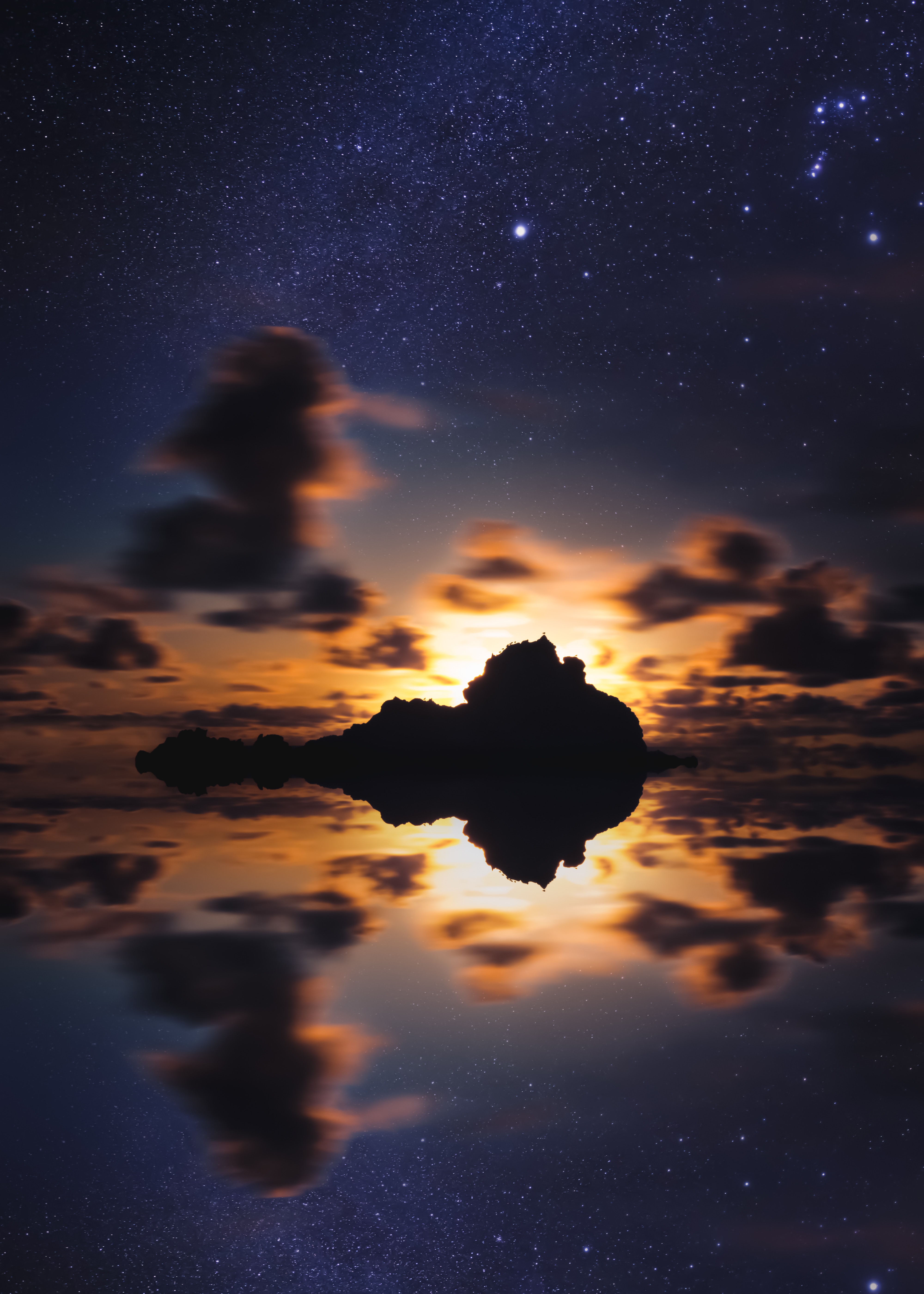 Download mobile wallpaper Island, Nature, Horizon, Sunset, Sea, Stars, Starry Sky for free.