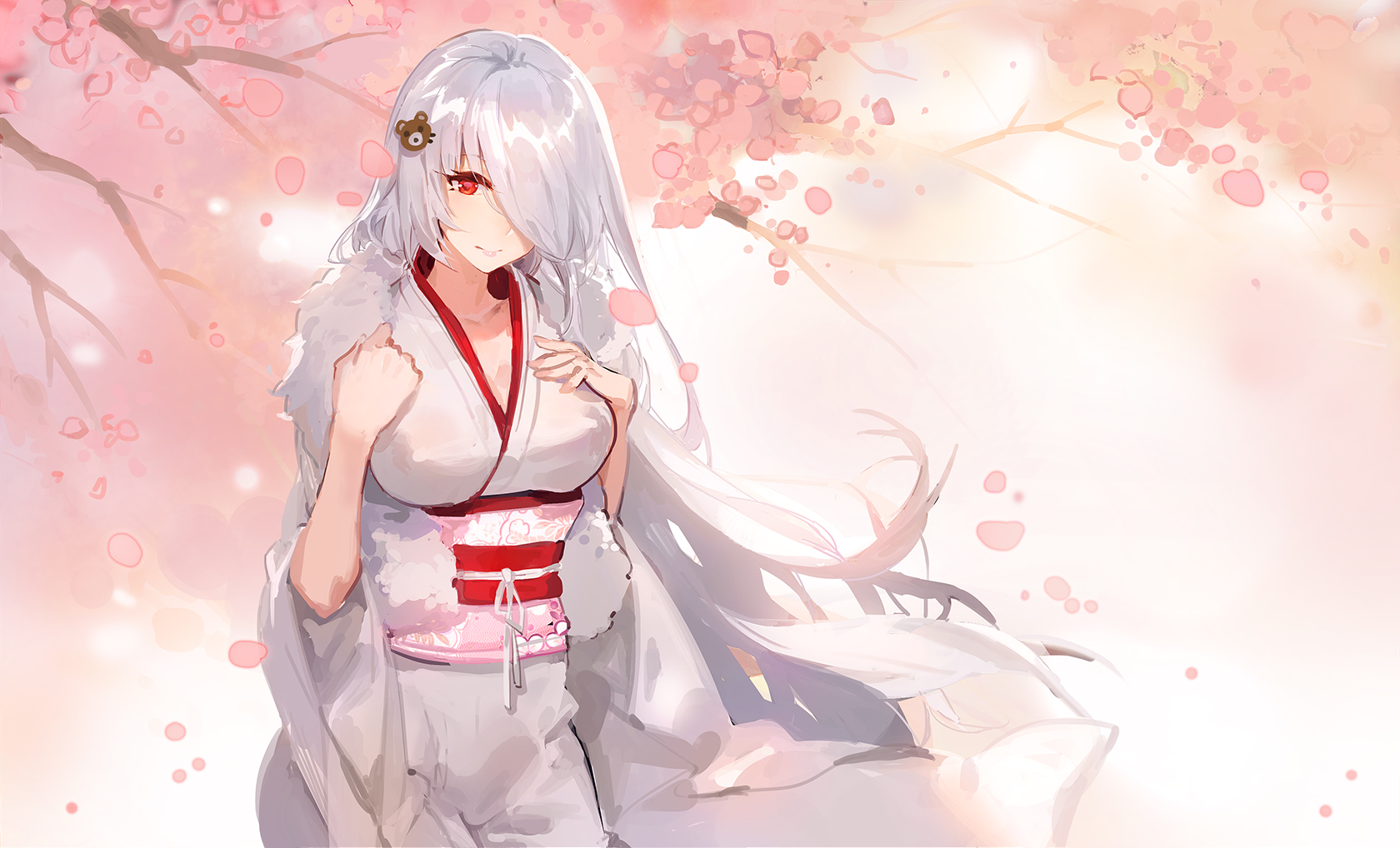 original, anime, cherry blossom, japanese clothes, long hair, red eyes, sakura blossom, smile, white hair, yukata