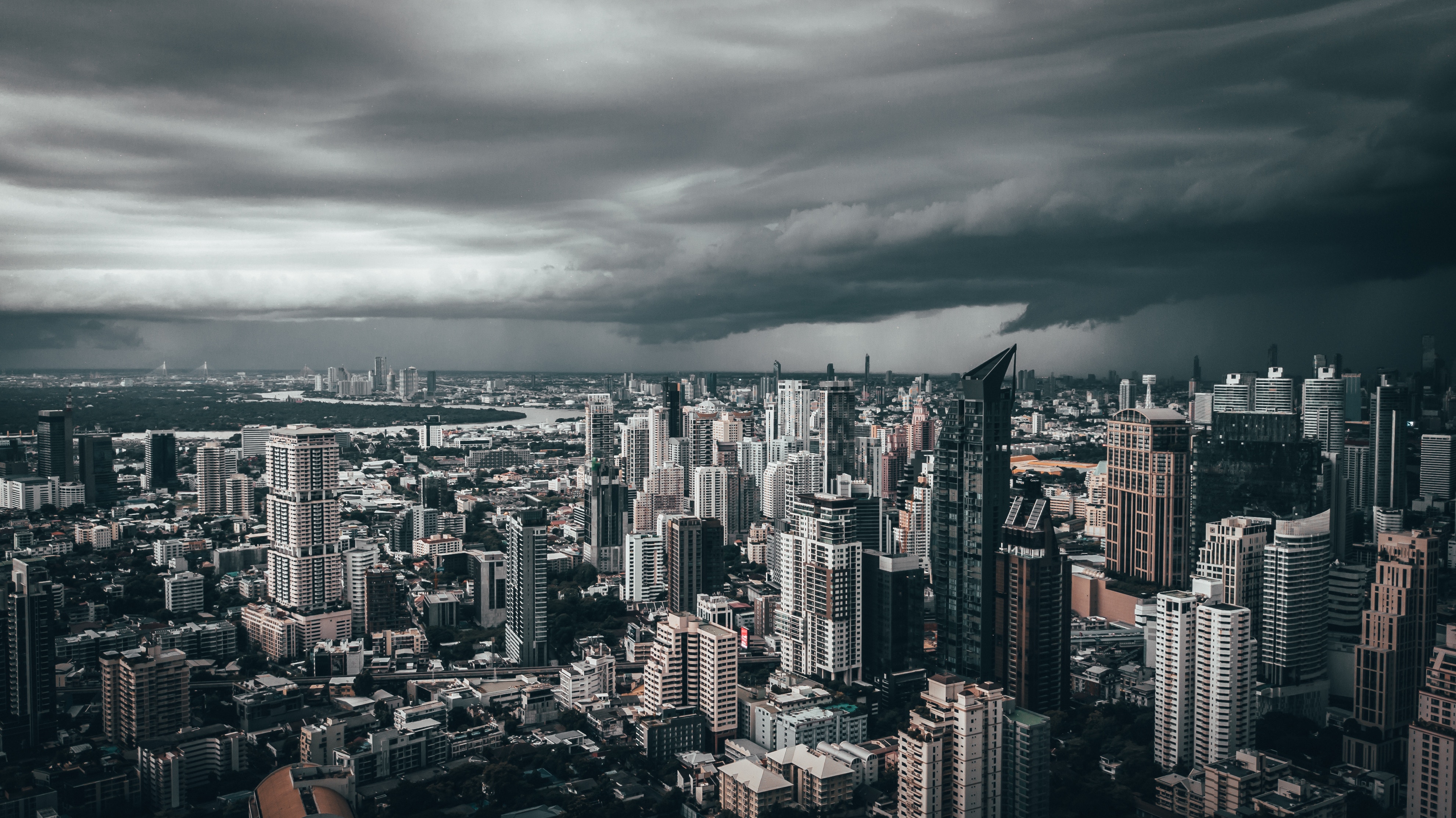 Download PC Wallpaper mainly cloudy, cities, clouds, city, view from above, skyscrapers, overcast