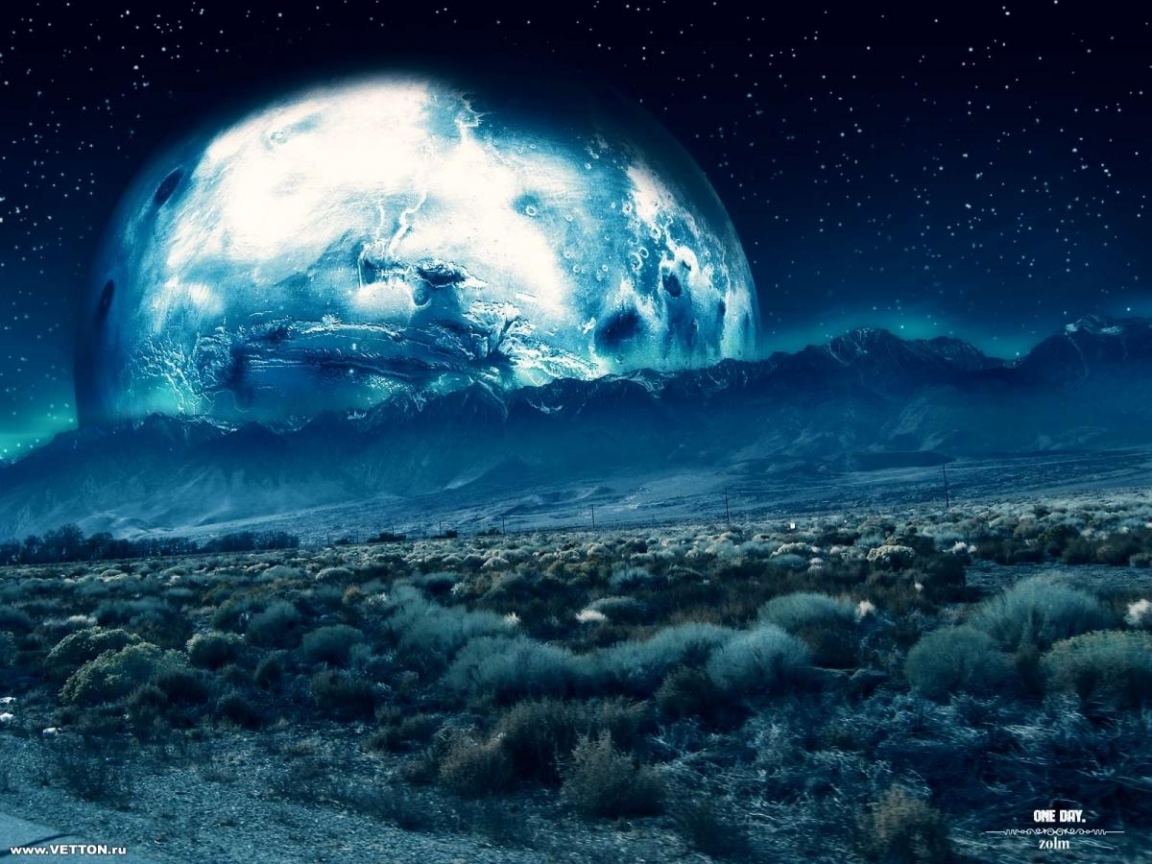 Download mobile wallpaper Landscape, Night, Mountains, Art, Planets for free.