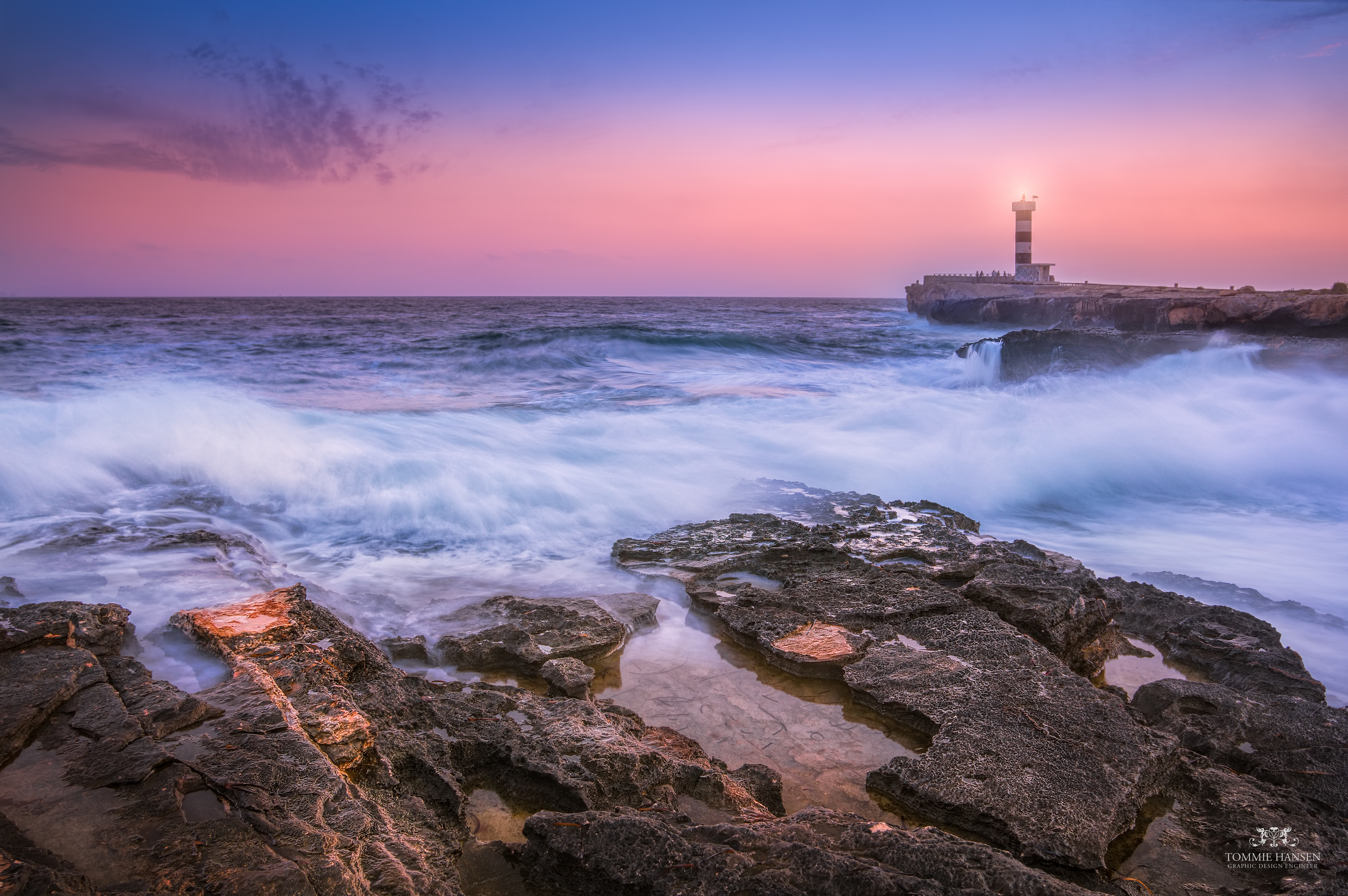 Free download wallpaper Nature, Sunset, Lighthouse, Spain, Stones, Sea, Waves, Surf on your PC desktop