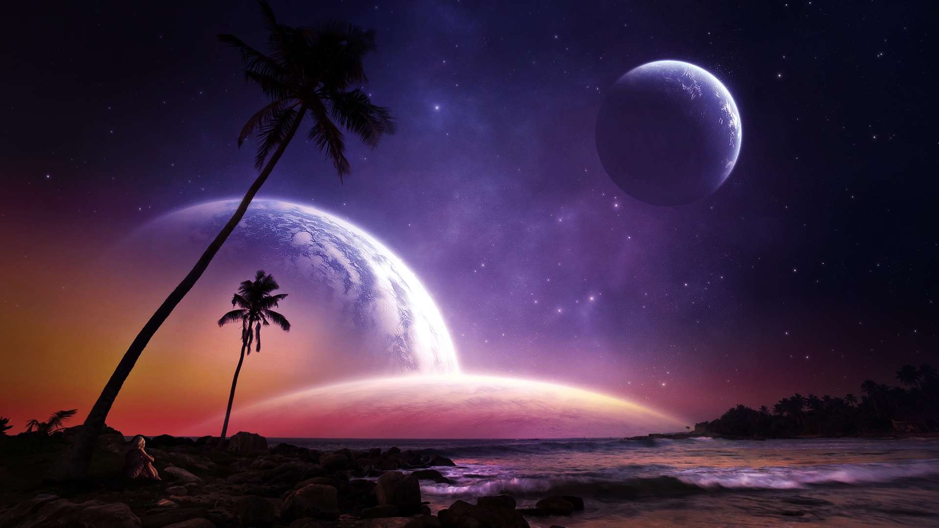dream, sci fi, landscape, beach, palm tree, satellite, sea