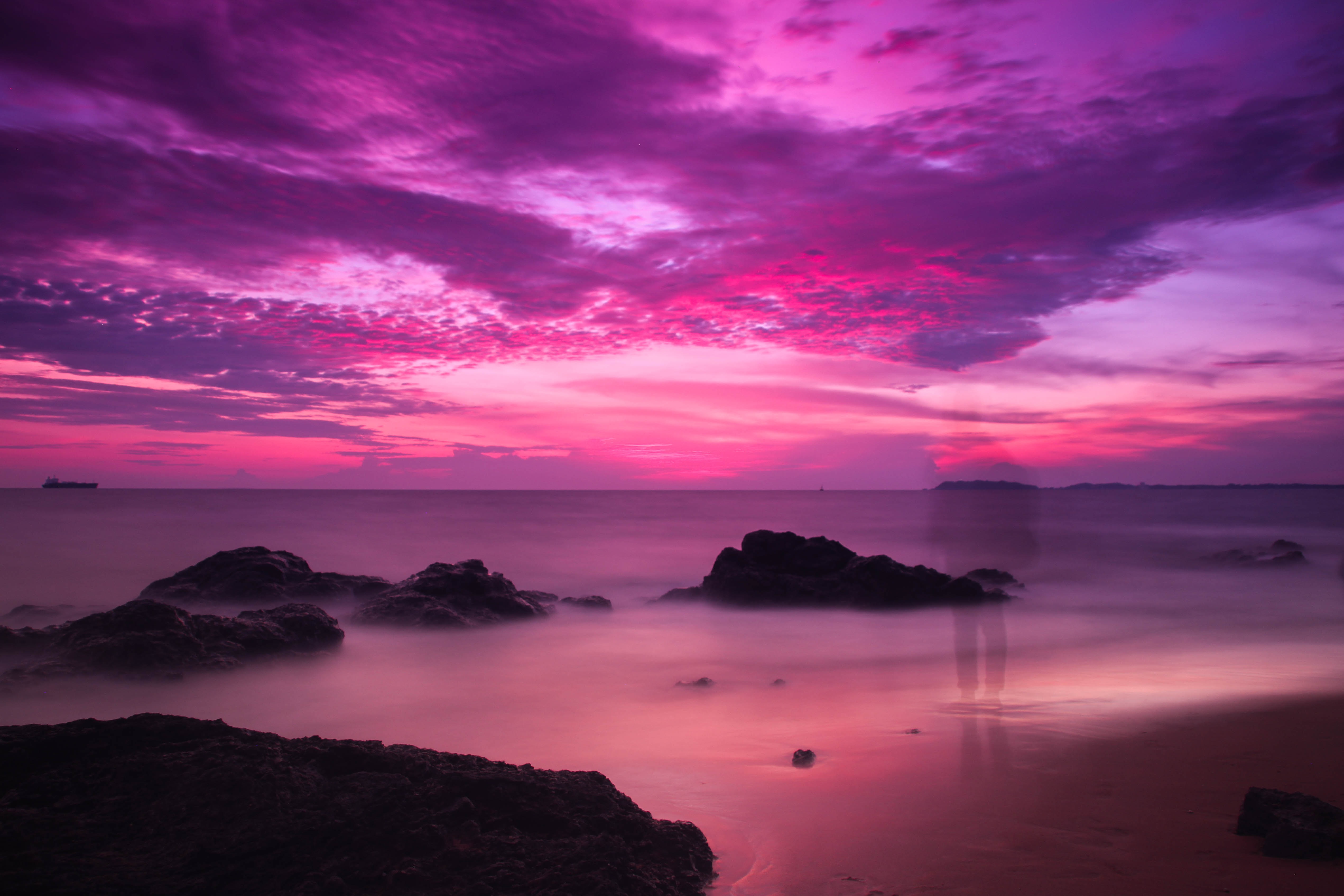 Download mobile wallpaper Purple, Twilight, Dusk, Coast, Sea, Shadow, Nature, Violet, Silhouette for free.