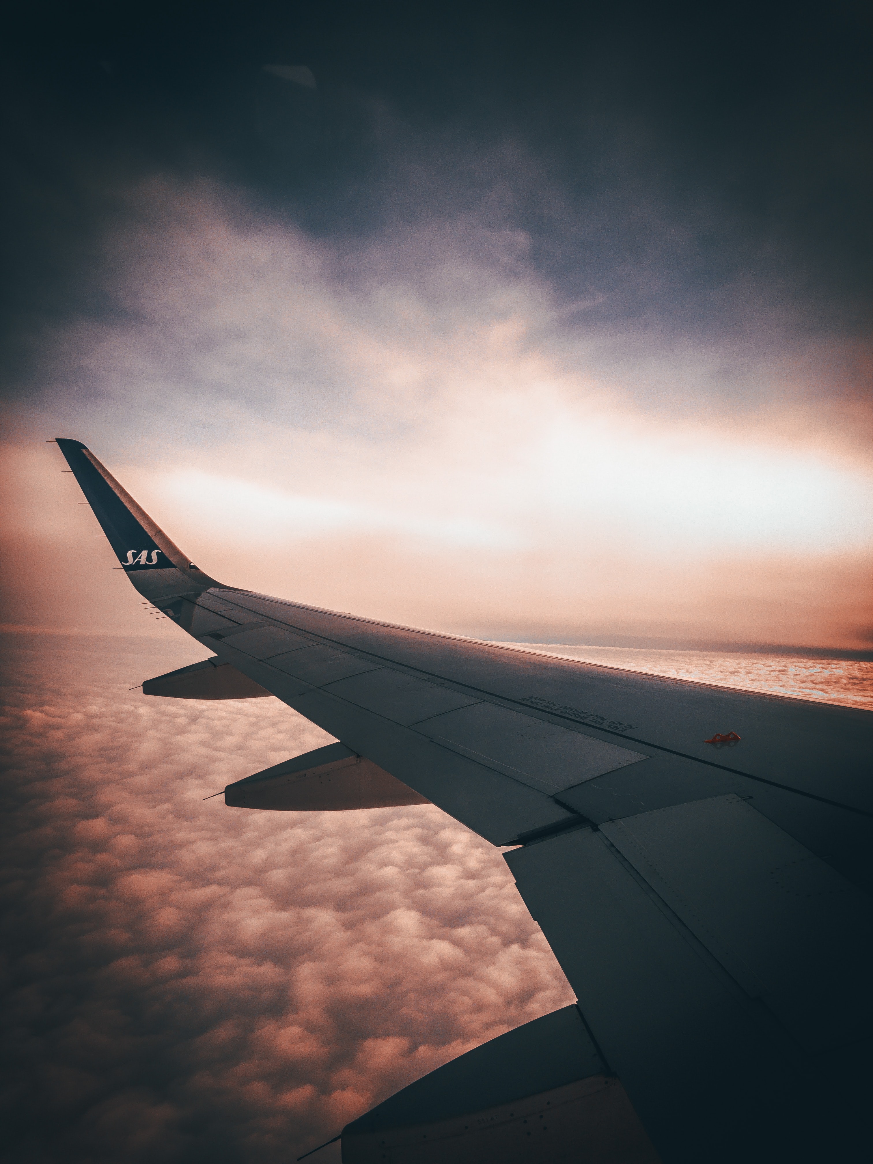 plane, wing, sky, twilight, clouds, miscellanea, miscellaneous, dusk, airplane, view