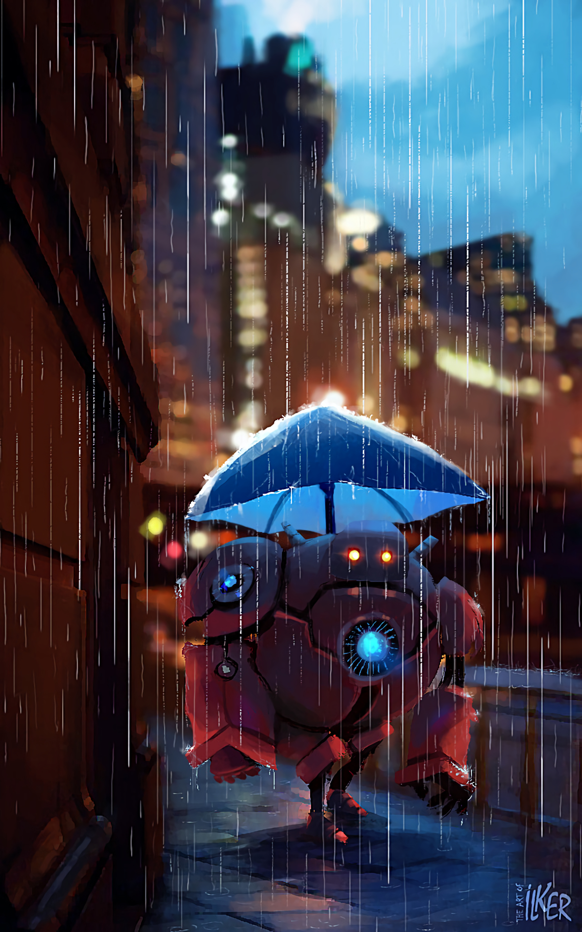 robot, art, rain, umbrella, street for android