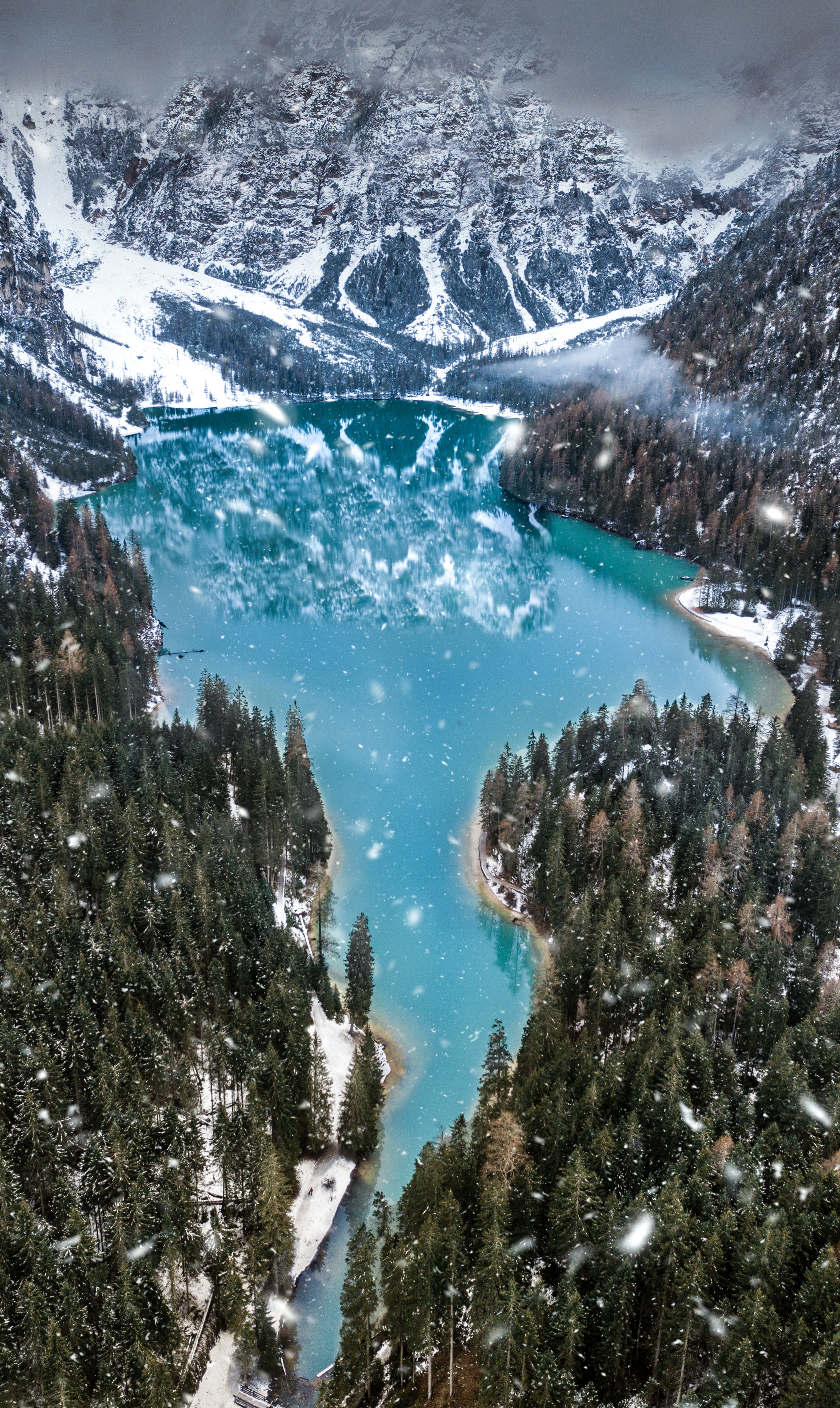Download mobile wallpaper Mountains, Lake, View From Above, Winter, Snowfall, Nature, Italy for free.