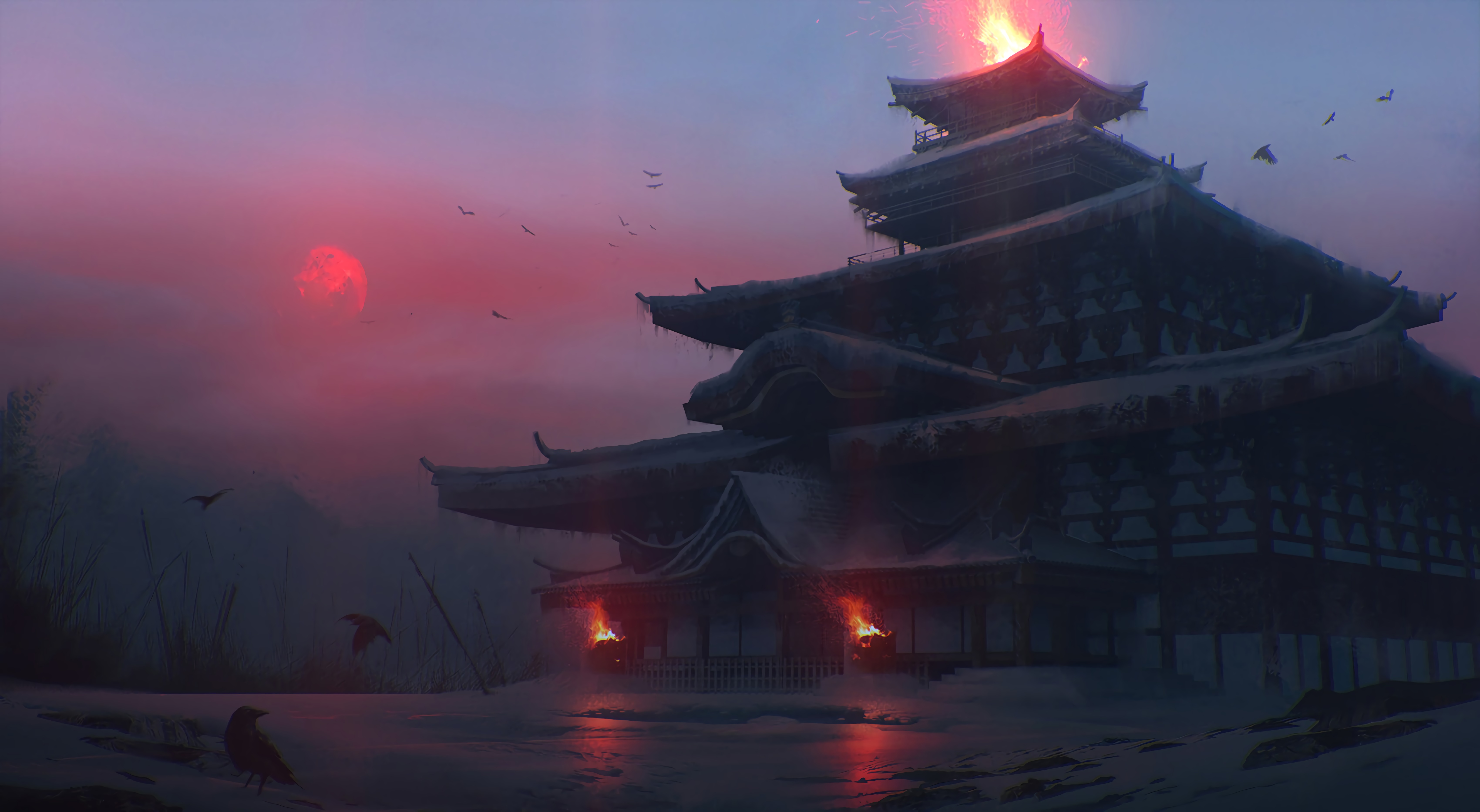 Free download wallpaper Fantasy, Japanese Temple, Pagoda, Temple, Lock, Art on your PC desktop