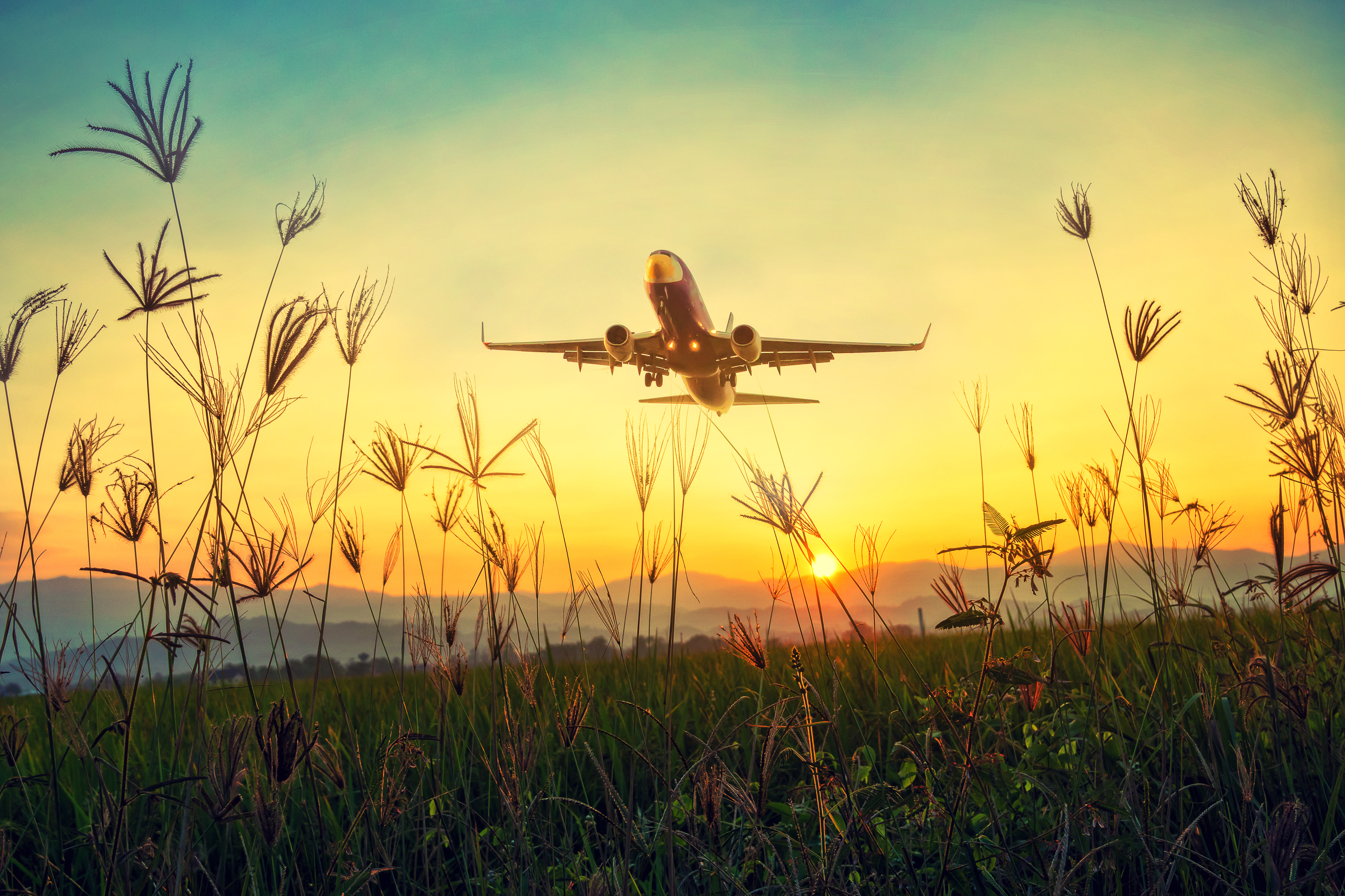plane, airplane, sunset, dawn, miscellanea, grass, sky, miscellaneous, takeoff
