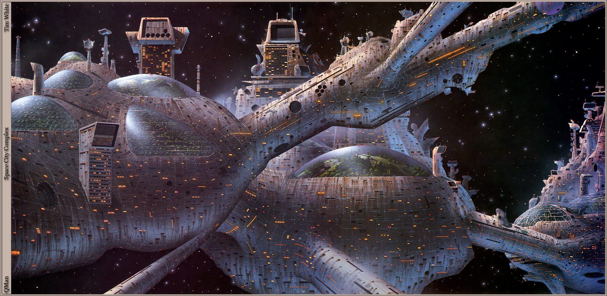 Научная фантастика 6 букв. Тим Уайт космический город. Тим Уайт космические корабли. Космический линкор ретрофутуризм. Гигантский космический корабль.