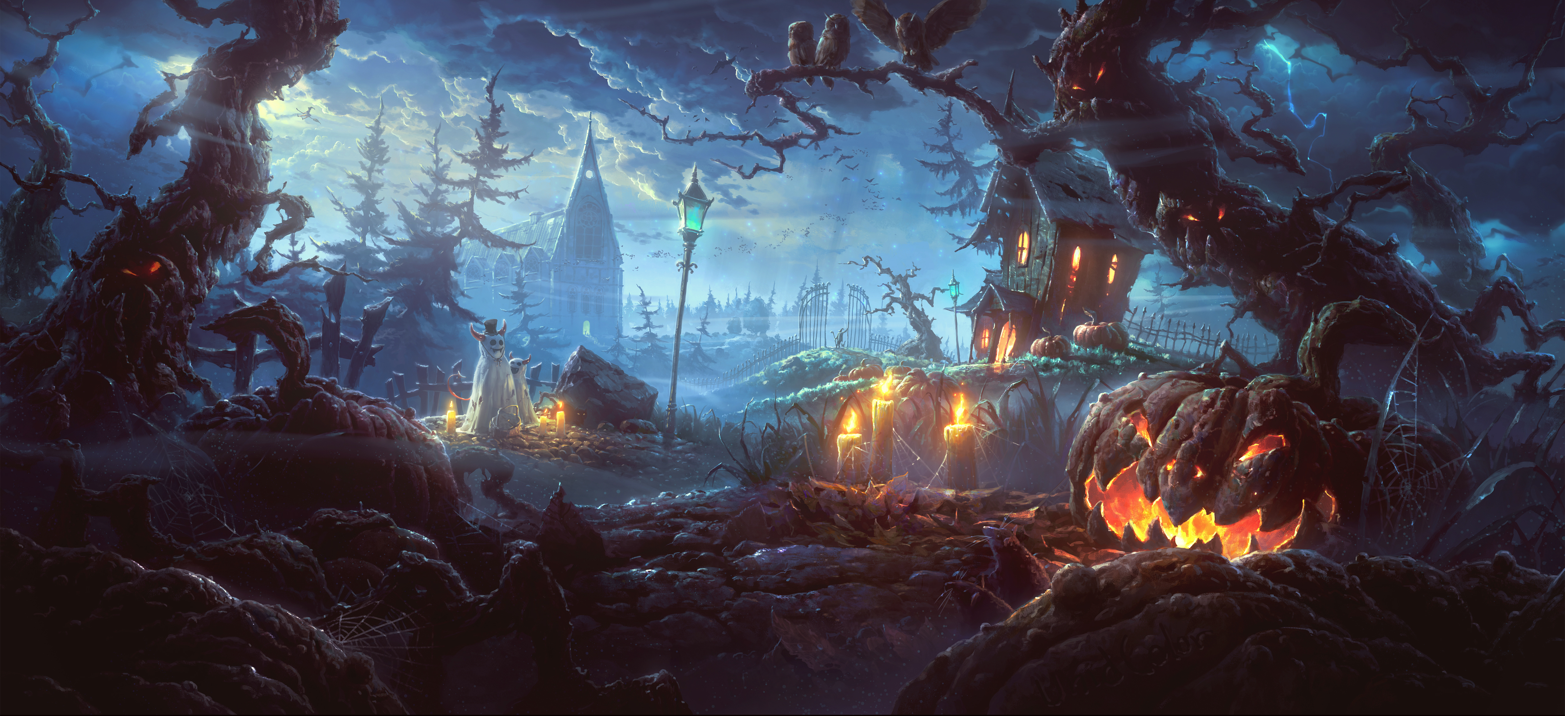 village, scary, night, halloween, holiday, jack o' lantern 8K