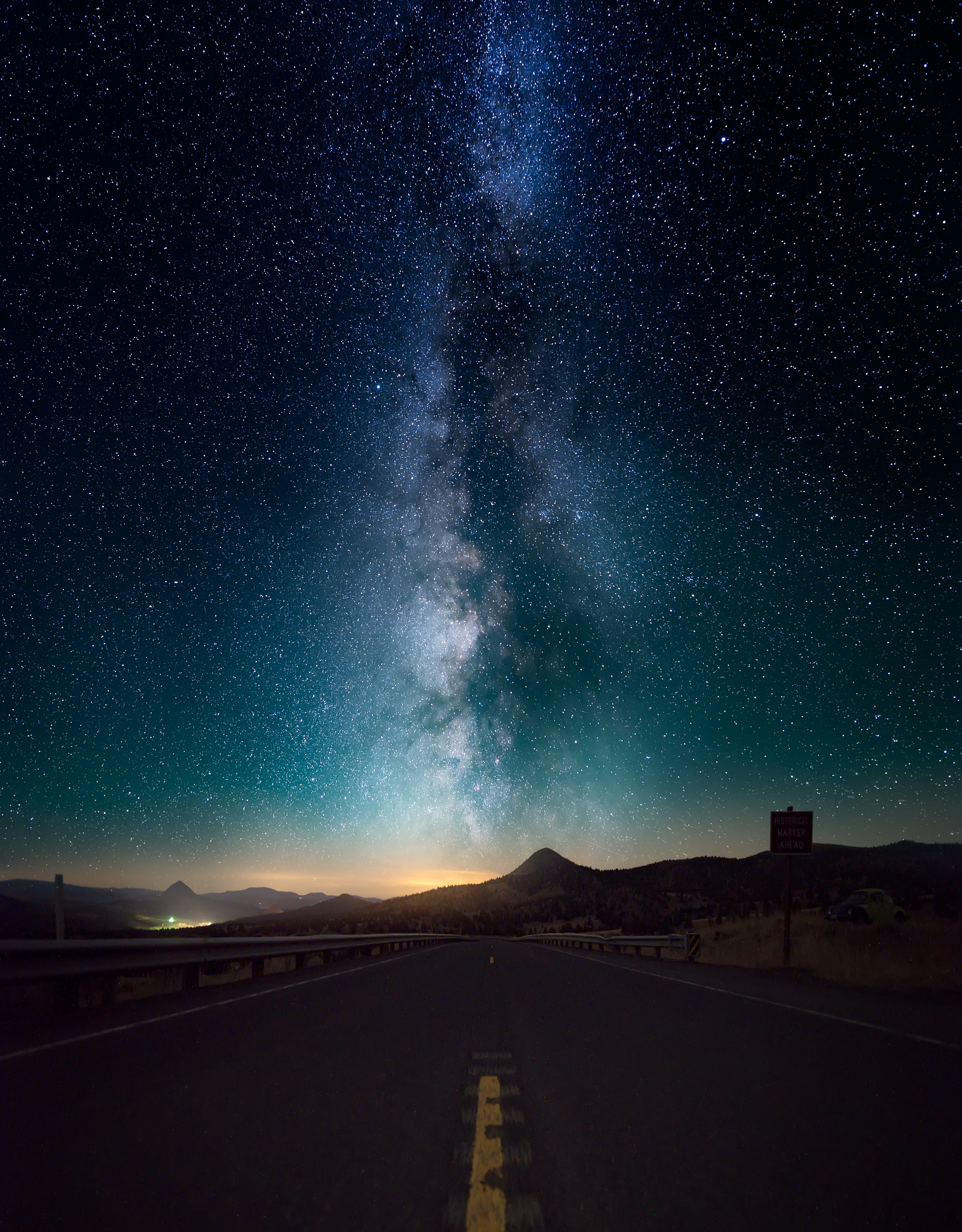 night, starry sky, nature, horizon, road