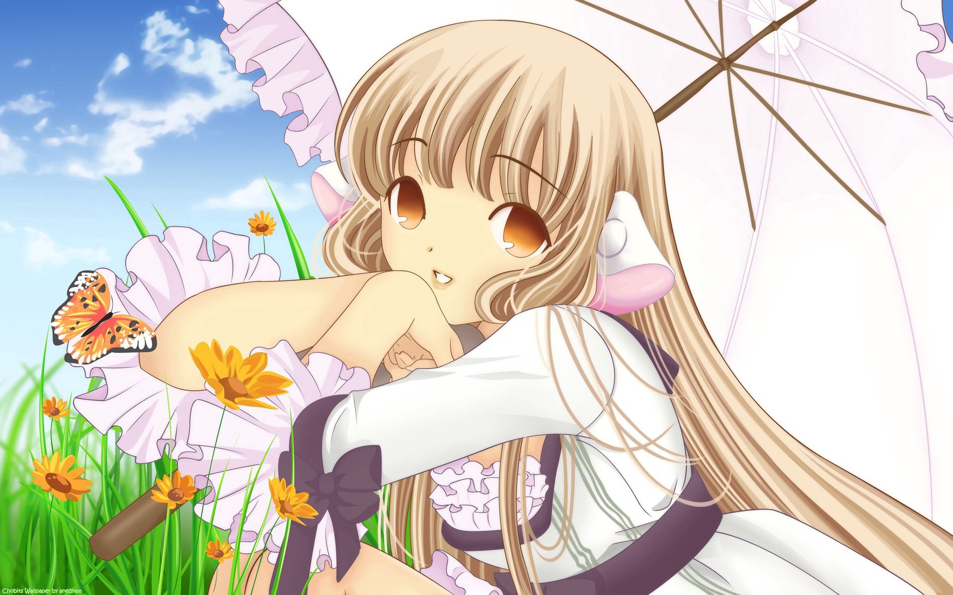 Laden Sie das Regenschirm, Chobits, Ziemlich, Blond, Mädchen, Anime-Bild kostenlos auf Ihren PC-Desktop herunter