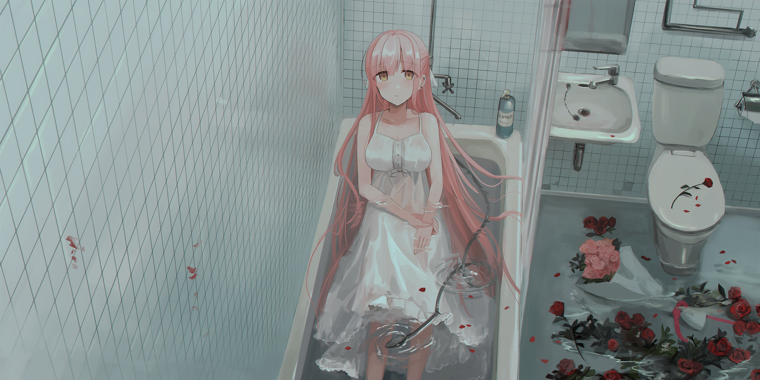 Horizontal Wallpaper anime, original, bathroom, long hair, pink hair