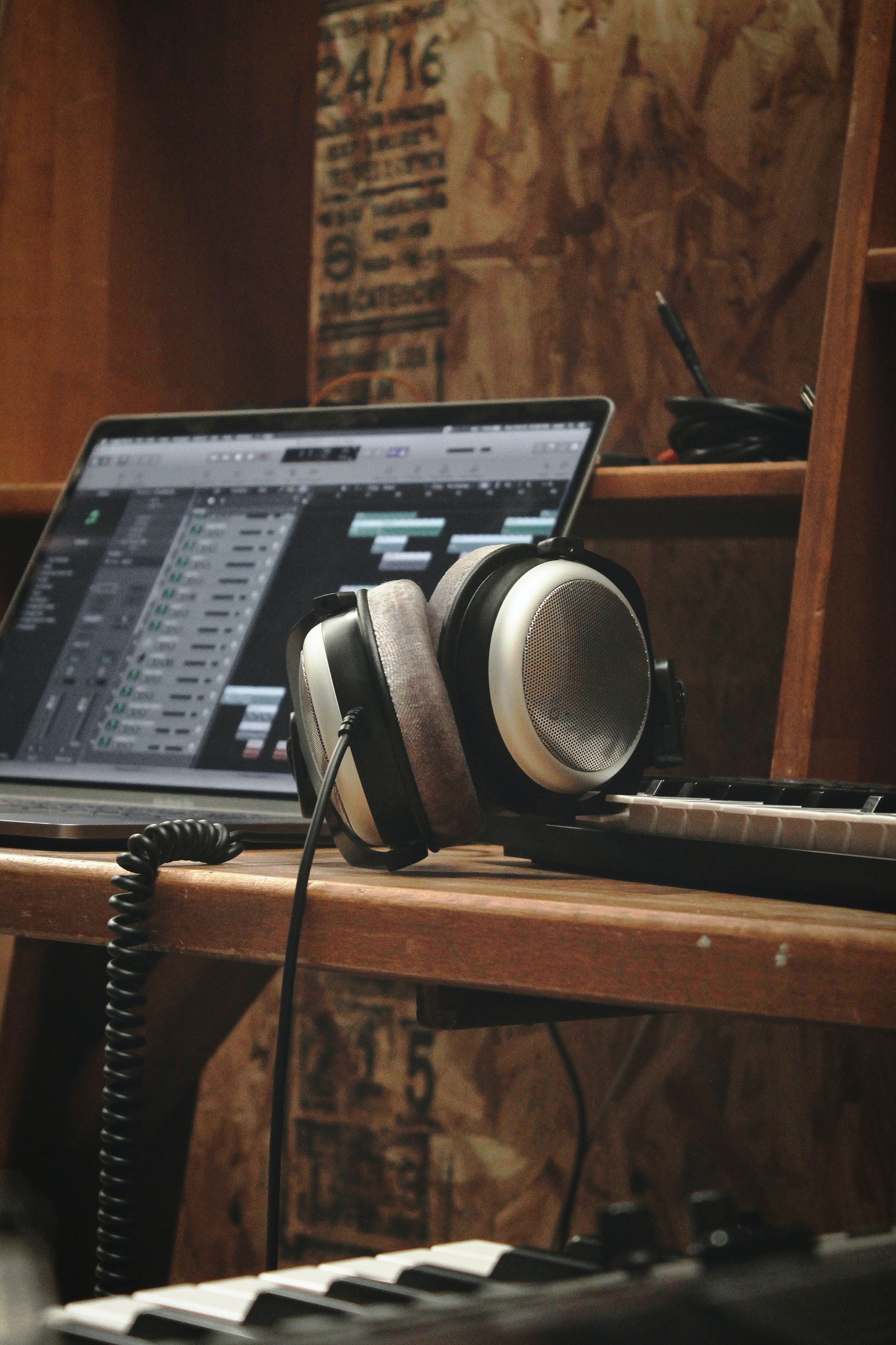 music, laptop, headphones, sound recording, synthesizer, notebook