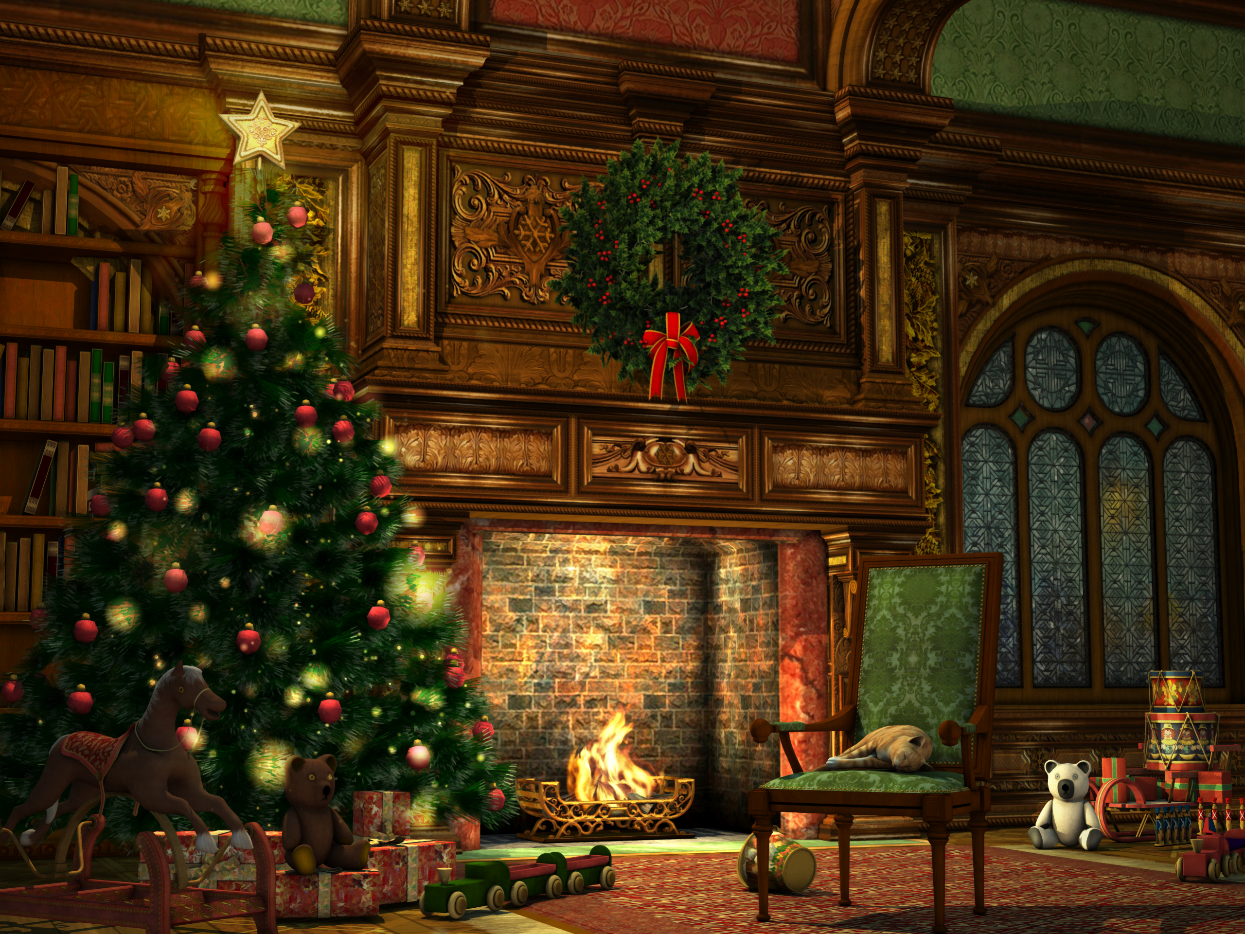 christmas lights, christmas, fireplace, holiday, christmas ornaments