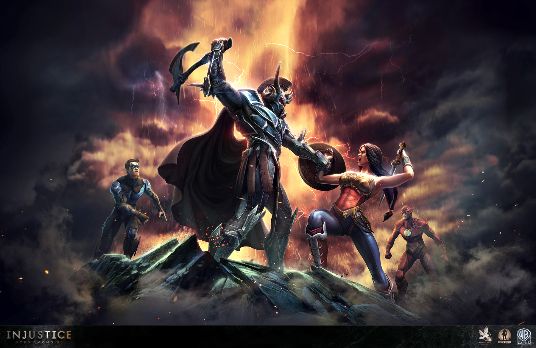 injustice: gods among us, video game, ares (dc comics), barry allen, dick grayson, flash, nightwing, wonder woman, injustice Phone Background