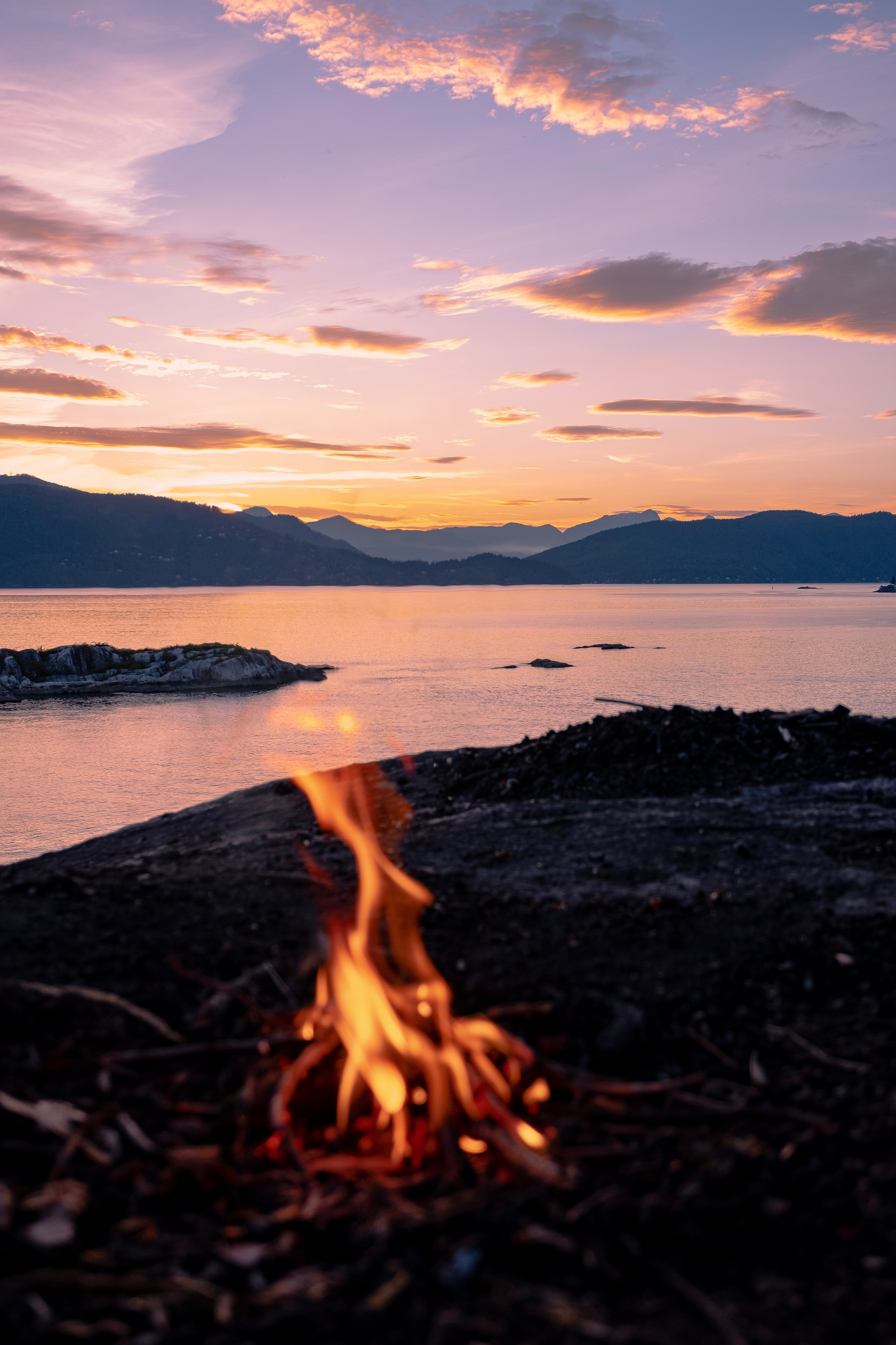 bonfire, campsite, camping, sunset, mountains, sea, fire, miscellanea, miscellaneous