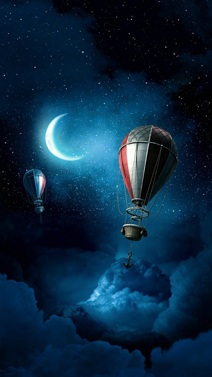 1298685 скачать обои фантастика, фантазия, художественный, якорь, фэнтези, звездное небо, луна, воздушный шар, монгольфьер, ночь, облака, облако, небо - заставки и картинки бесплатно