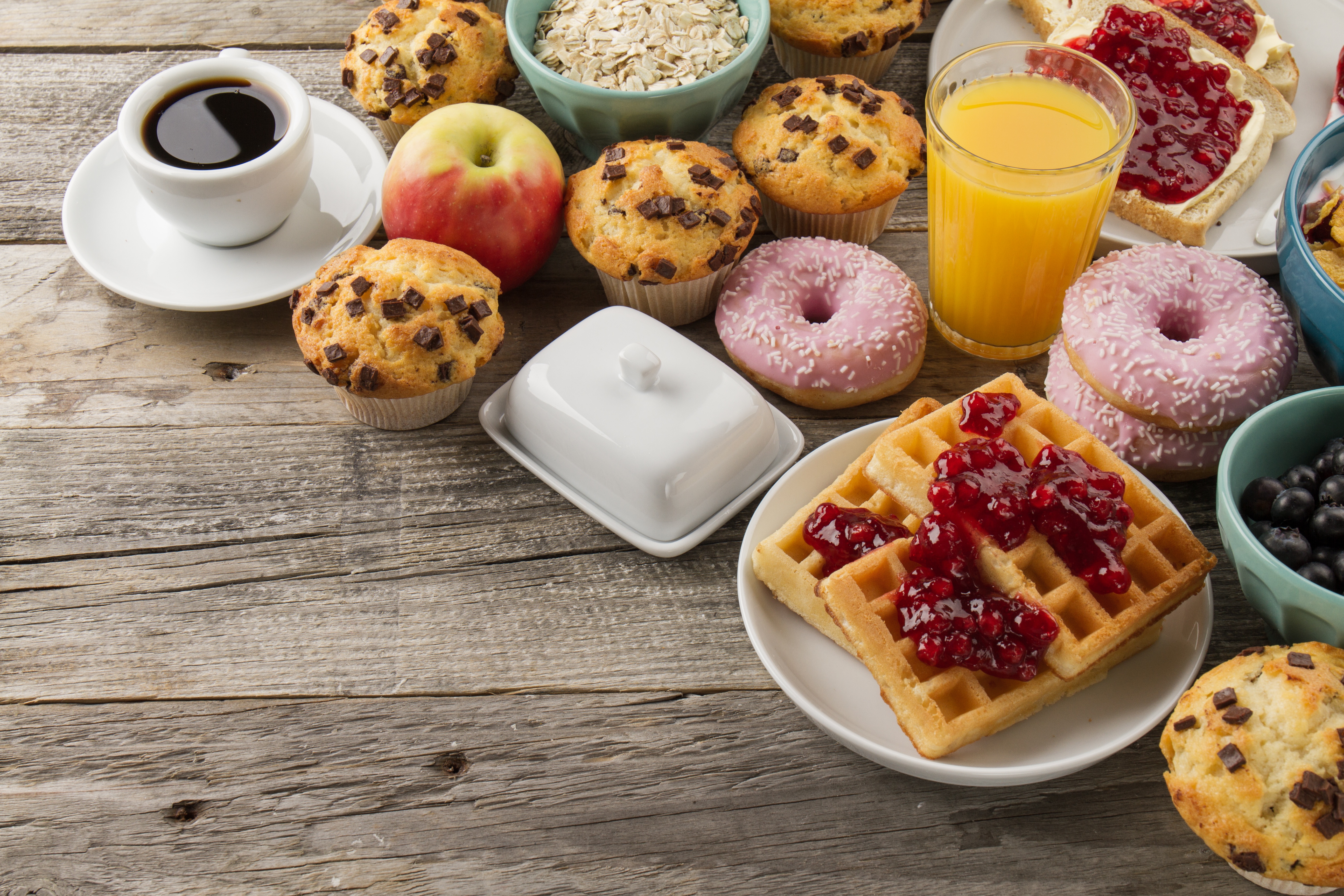 food, breakfast, coffee, cup, doughnut, juice, muffin, waffle Free Background