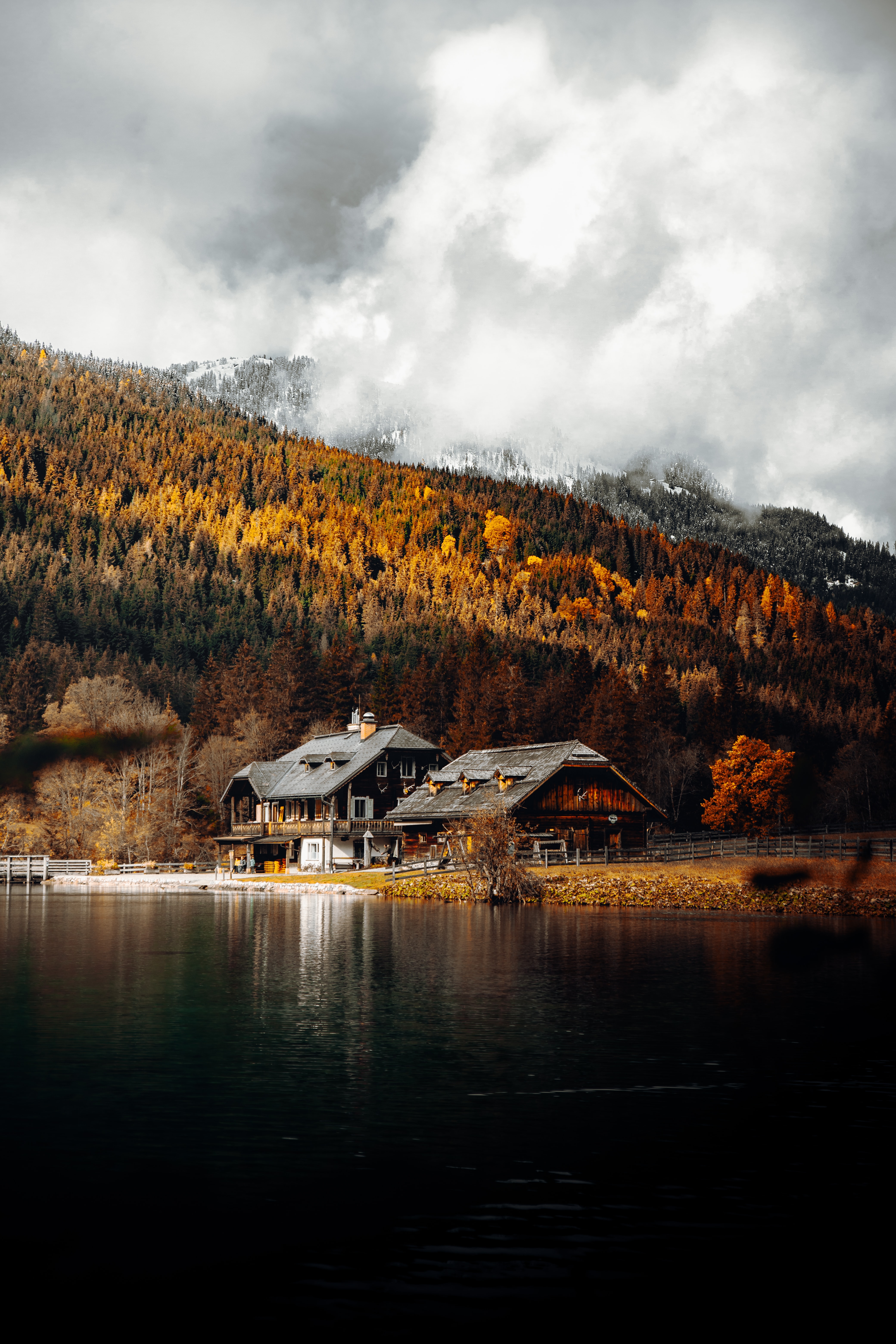autumn, lake, landscape, nature, forest, house 2160p