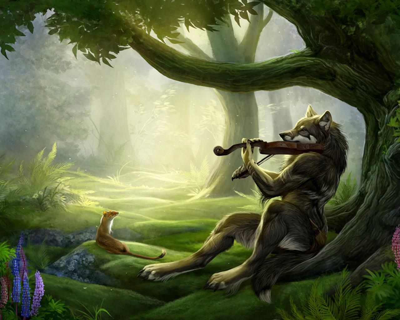 Download mobile wallpaper Forest, Violin, Fantasy, Wolf, Music for free.