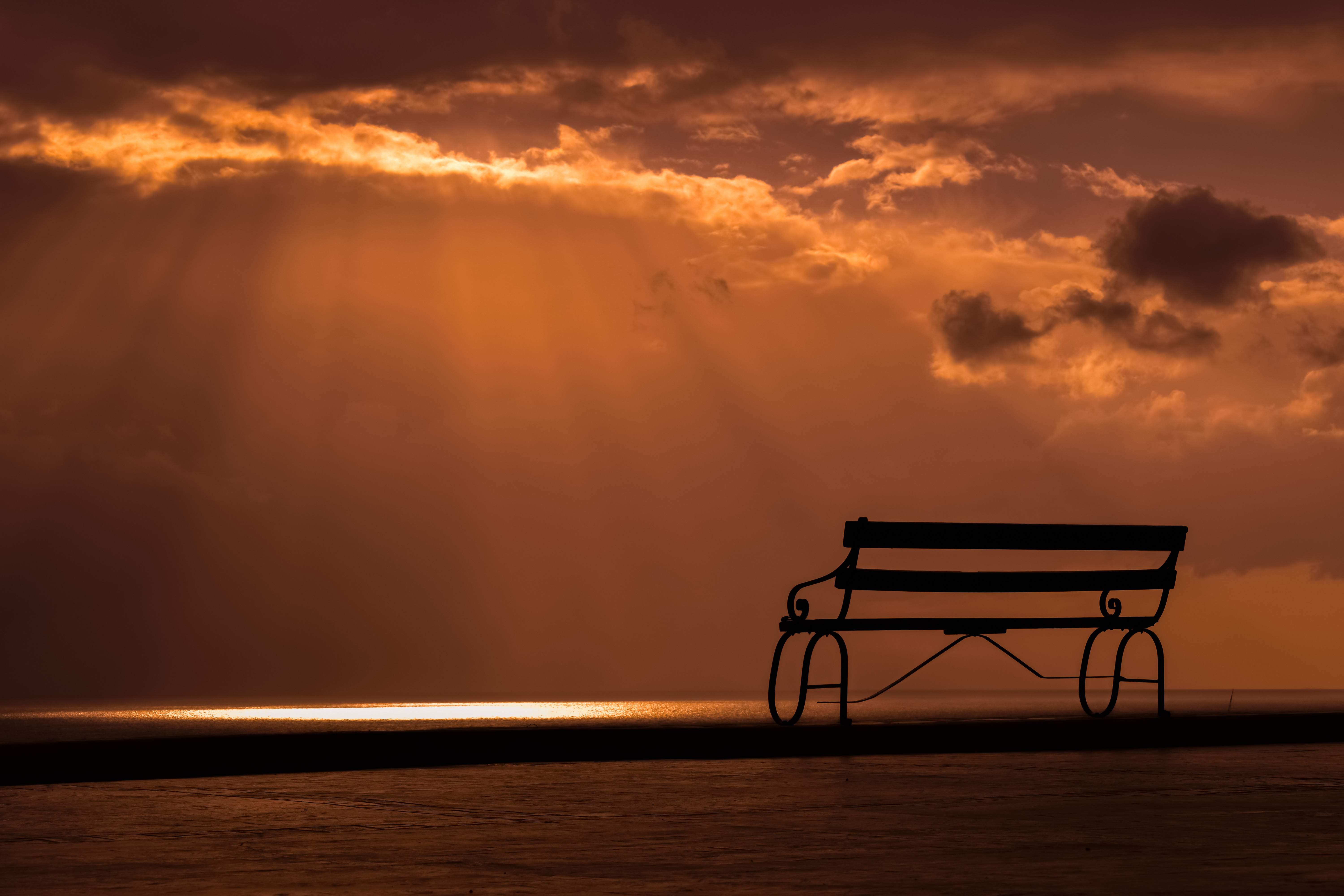 bench, sunset, nature, sky, clouds