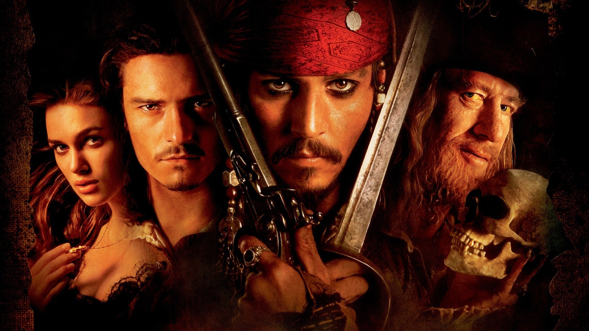 elizabeth swann, pirates of the caribbean: the curse of the black pearl, jack sparrow, pirates of the caribbean, johnny depp, movie, geoffrey rush, hector barbossa, keira knightley, orlando bloom, will turner Phone Background