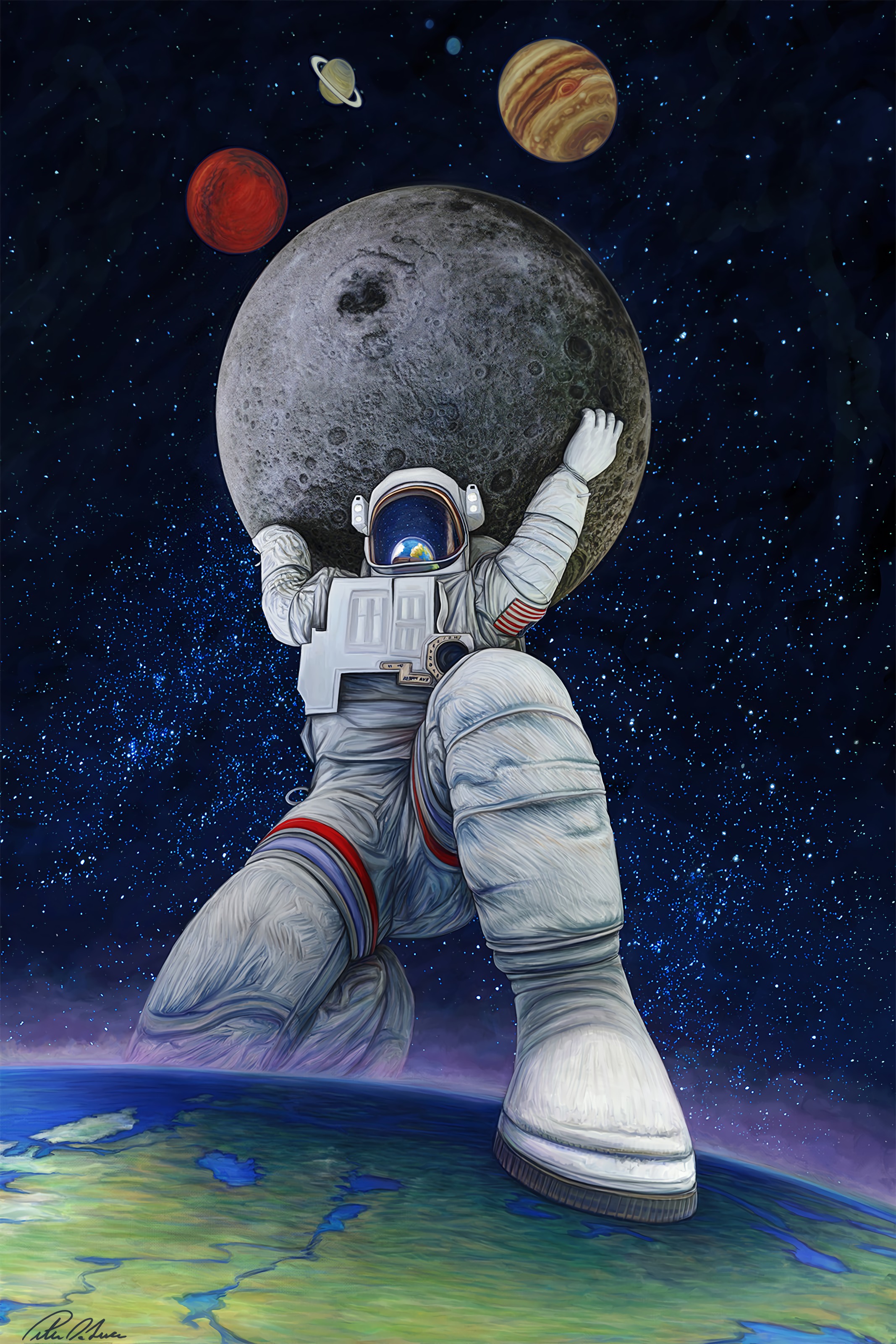 art, universe, astronaut, planets, giant Phone Background