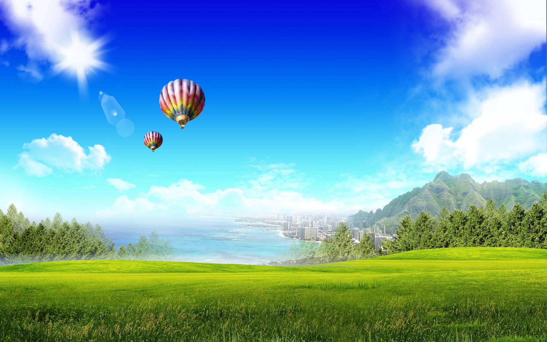 151593 Hintergrundbild herunterladen feld, natur, sun, luftballons, stadt, blendung, scheinen, licht, grüne, grünen - Bildschirmschoner und Bilder kostenlos
