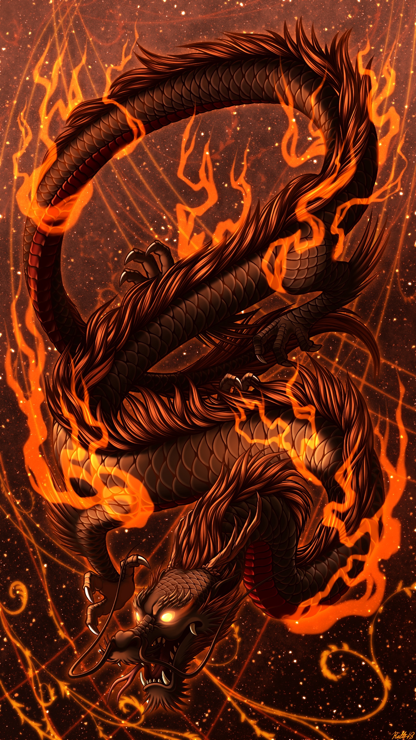 dragon, fire, fantastic, snakes, art, flame Smartphone Background