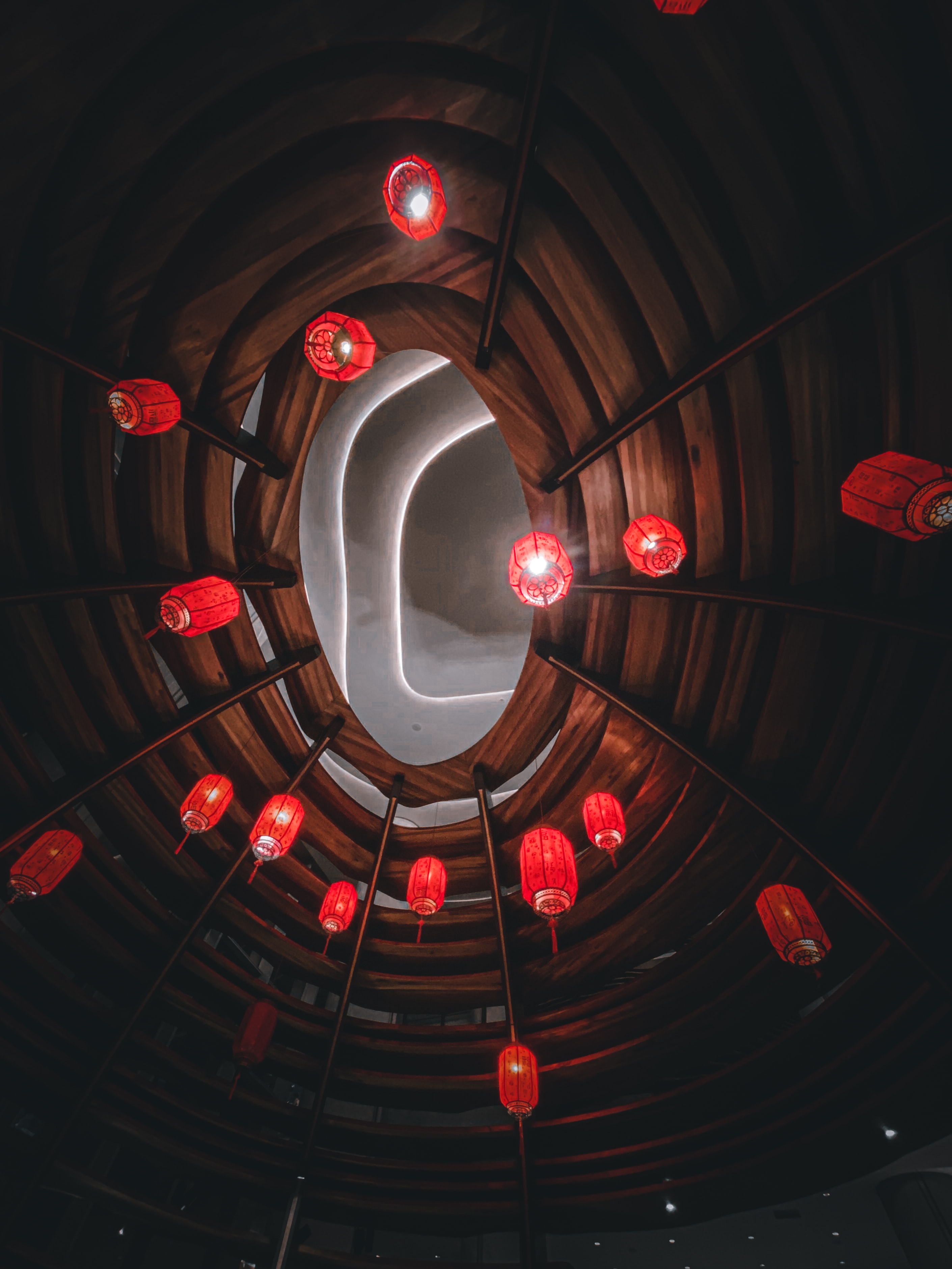 lights, tunnel, red, building, miscellanea, miscellaneous, lanterns QHD