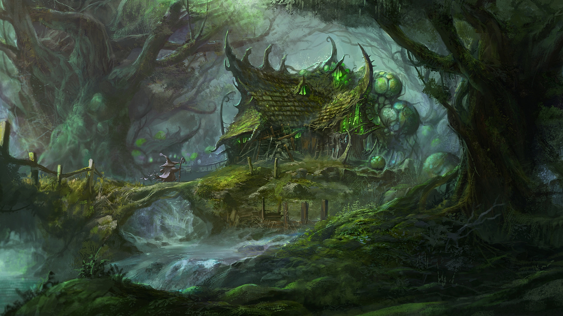 android forest, cottage, fantasy, green, house, tree, witch, wizard