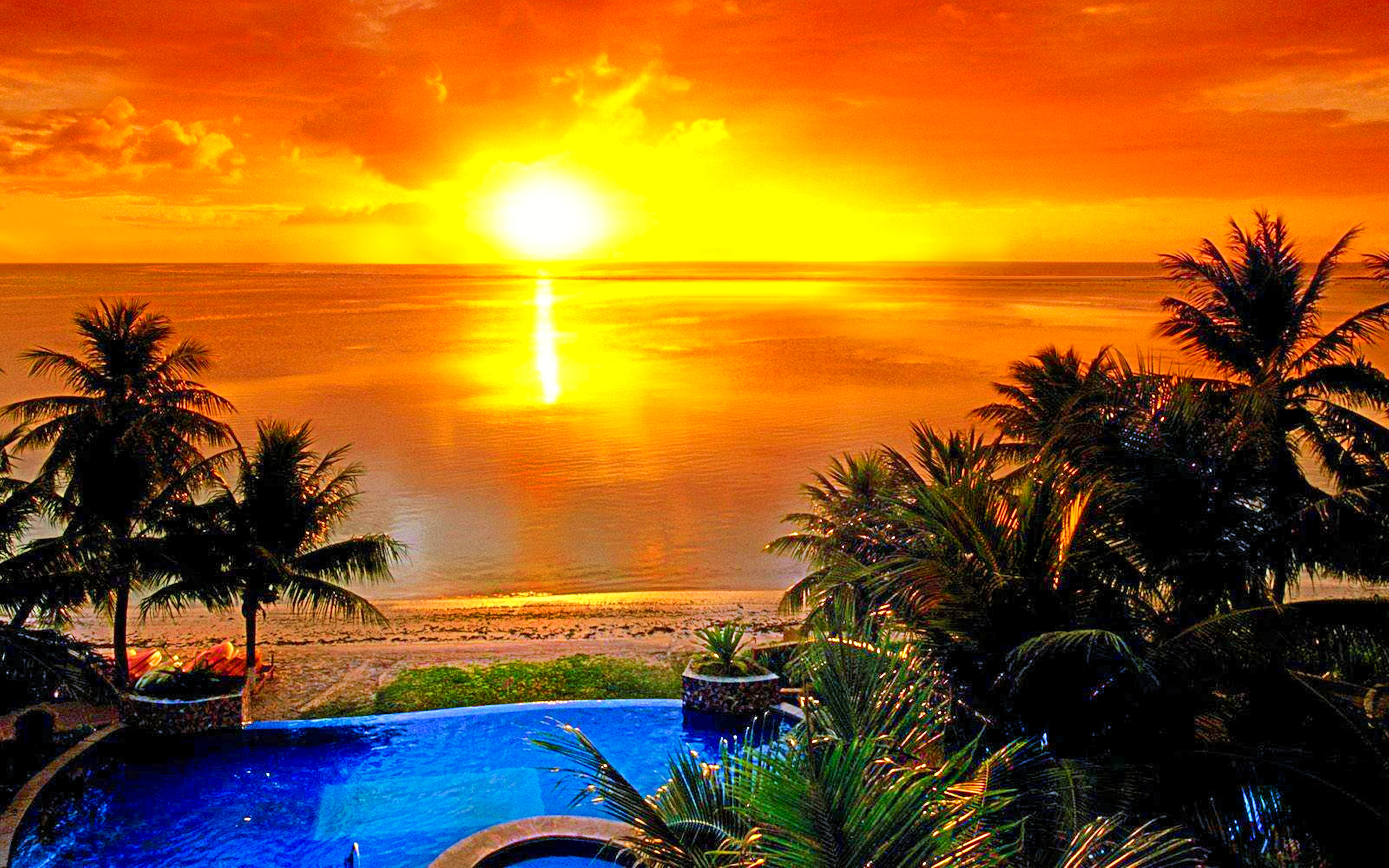 1496360 télécharger le fond d'écran plage, photographie, coucher de soleil, coloré, horizon, palmier, réflexion, été, ensoleillé, tropical - économiseurs d'écran et images gratuitement