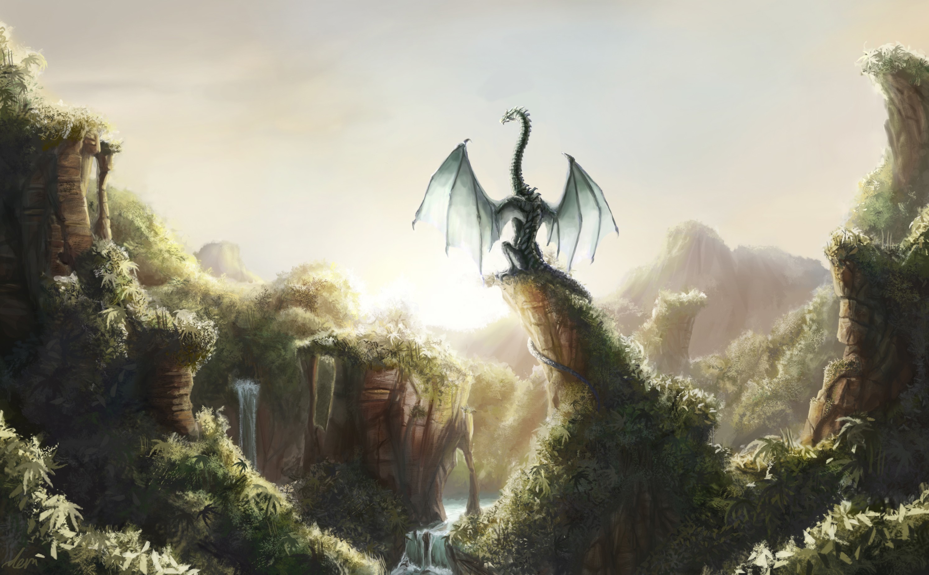 Фантастический пейзаж с драконом