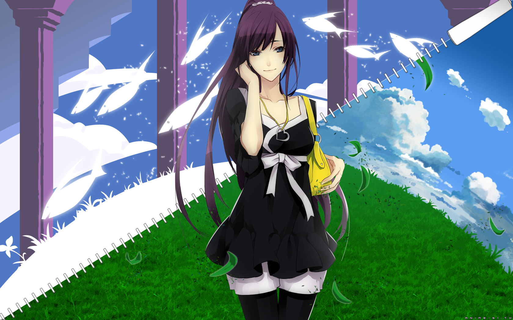 monogatari (series), bakemonogatari, anime, hitagi senjōgahara, long hair, purple hair Smartphone Background