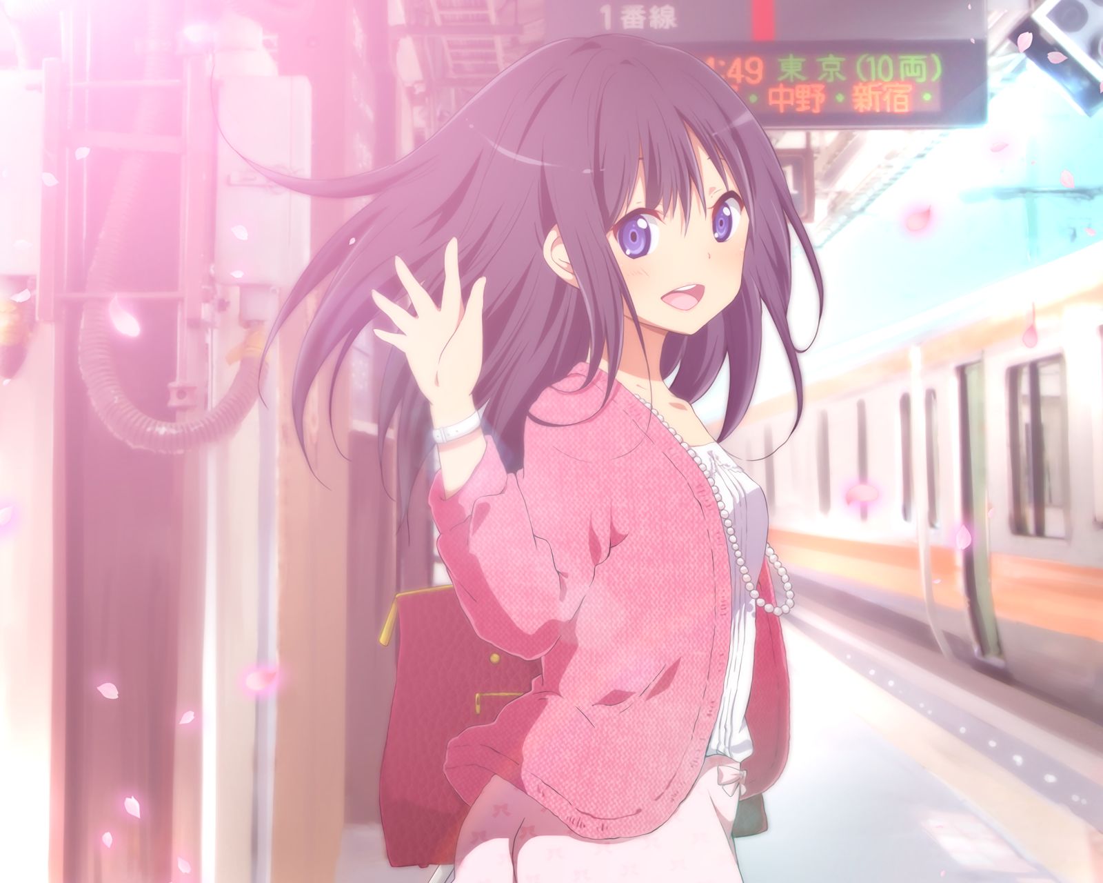 anime, original, bag, blush, long hair, purple eyes, purple hair, smile, train