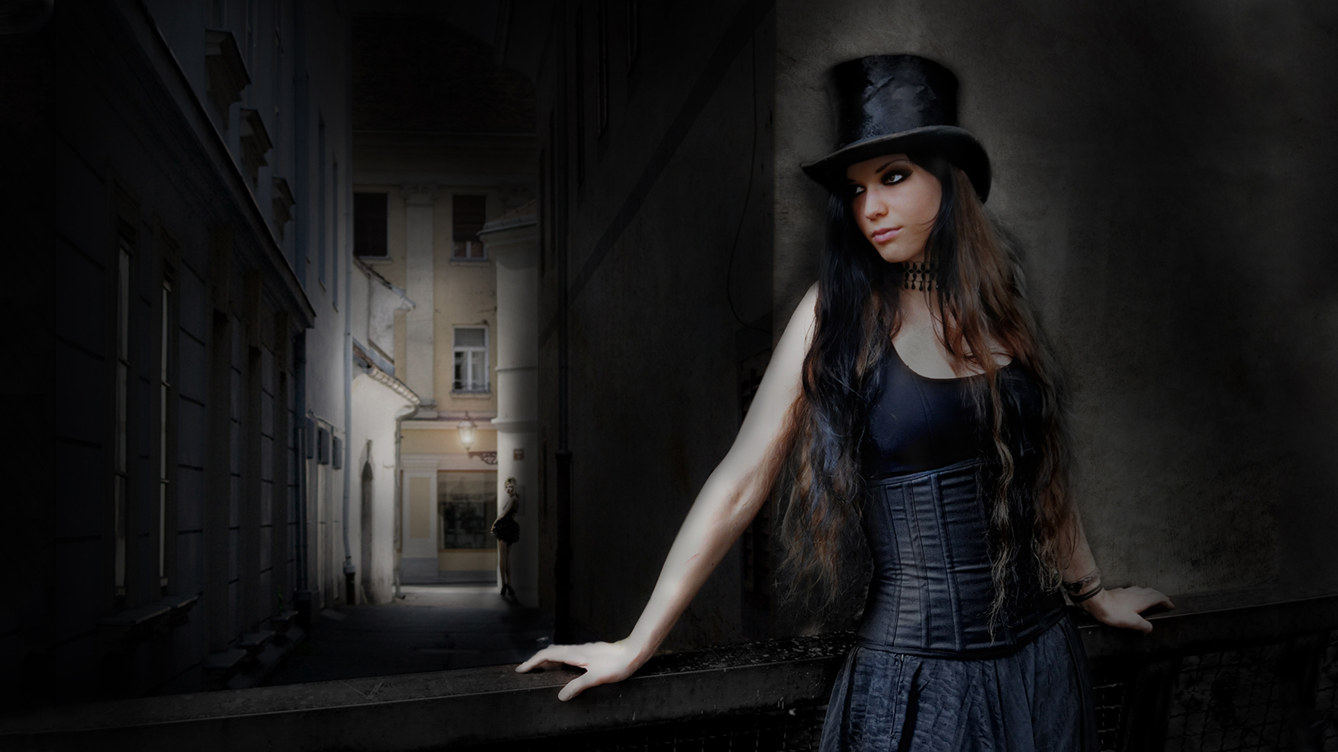women, artistic, alley, gothic, street, top hat phone background