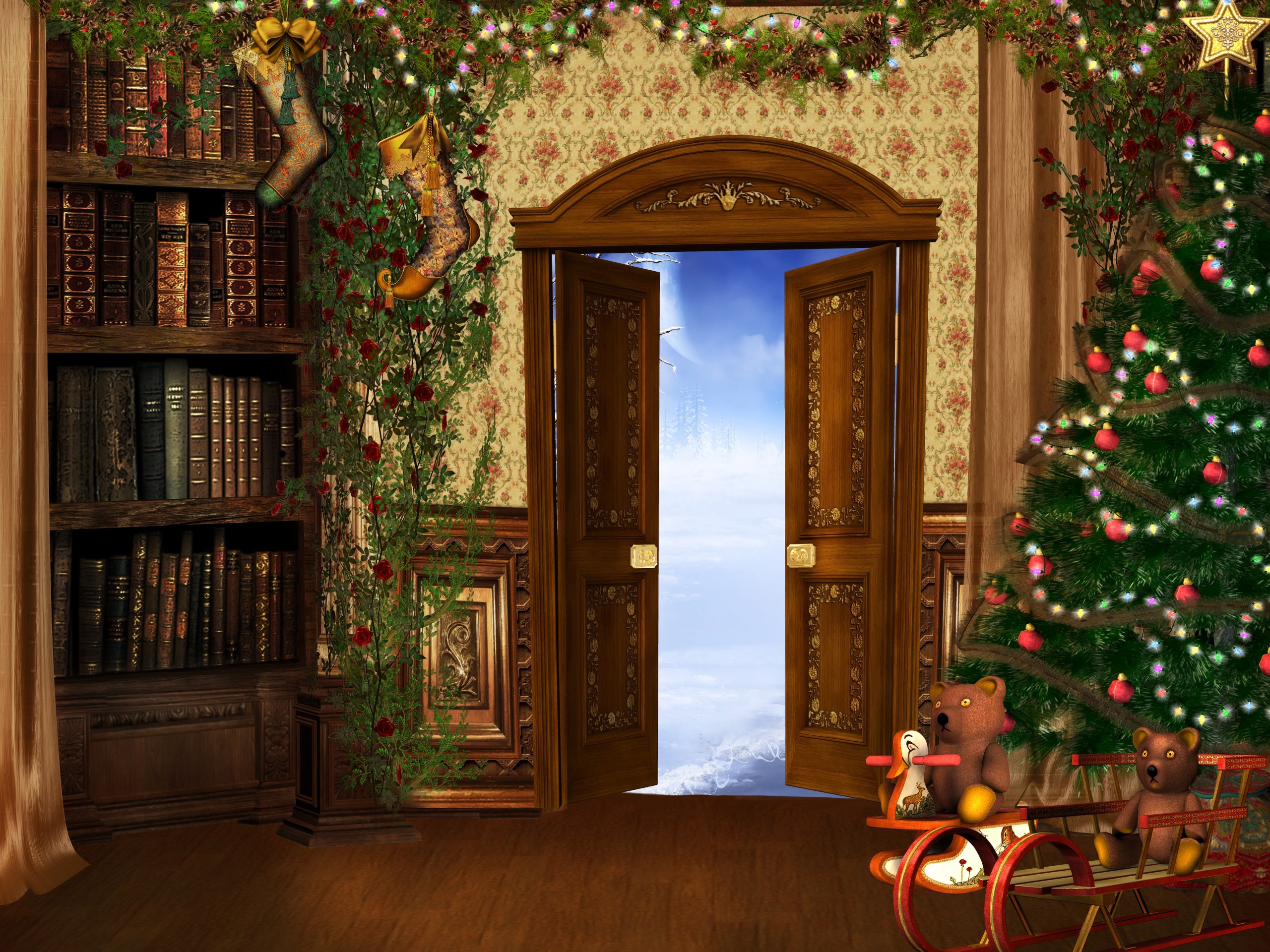 無料モバイル壁紙木, ファンタジー, クリスマス, 光, クリスマスツリー, 本, ドア, そり, クラウド, ホリデーをダウンロードします。
