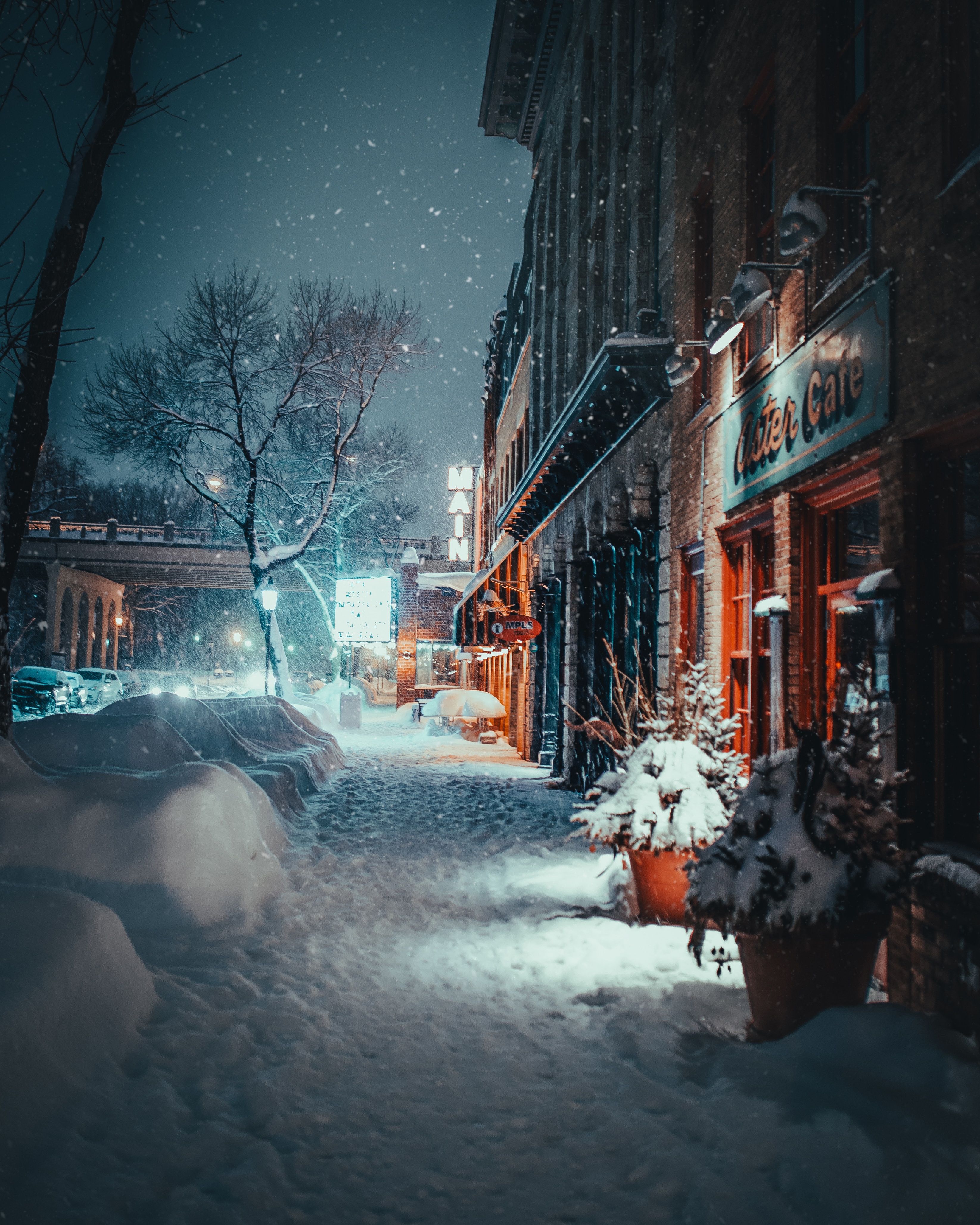 winter, snowfall, street, building, evening, cities, city