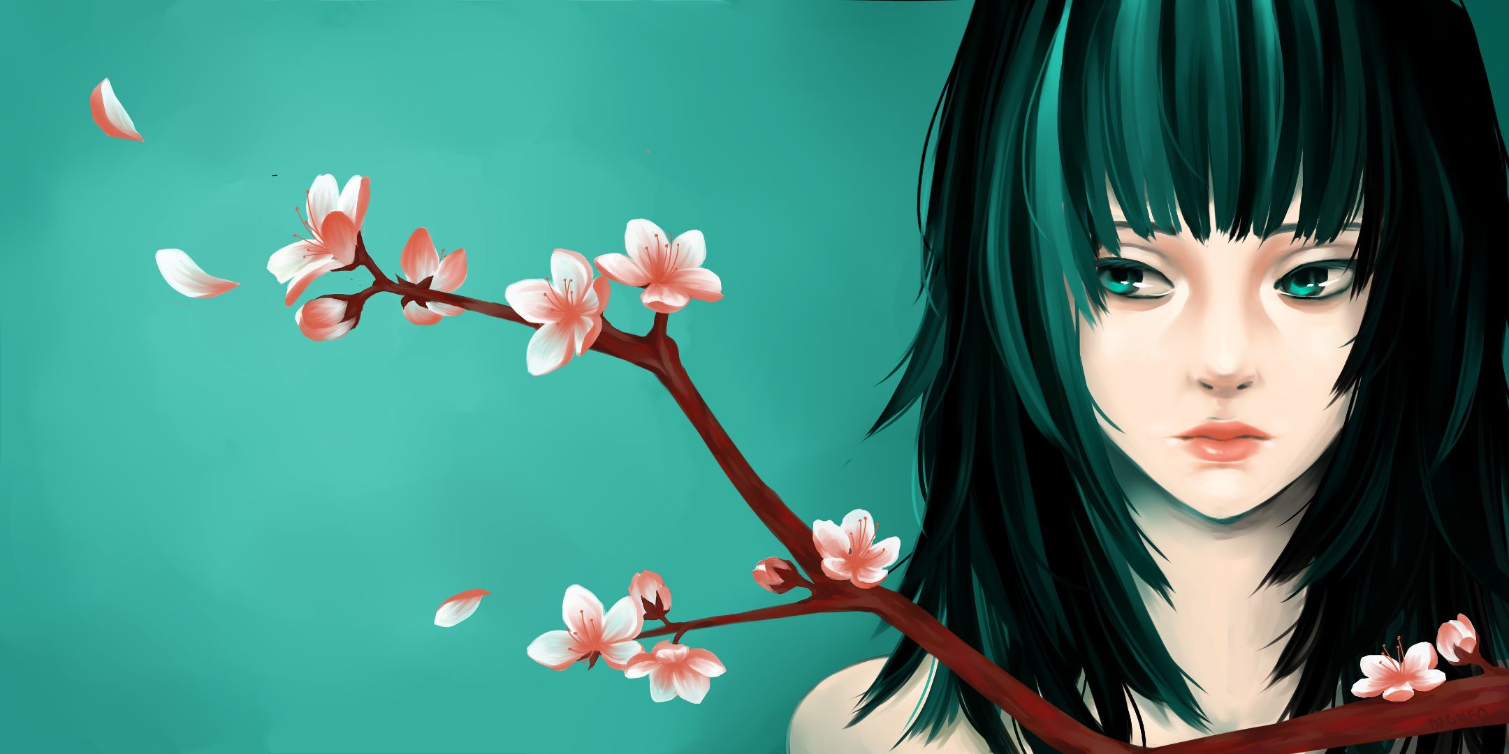 women, artistic, blossom, branch, green eyes, green hair, painting, teal