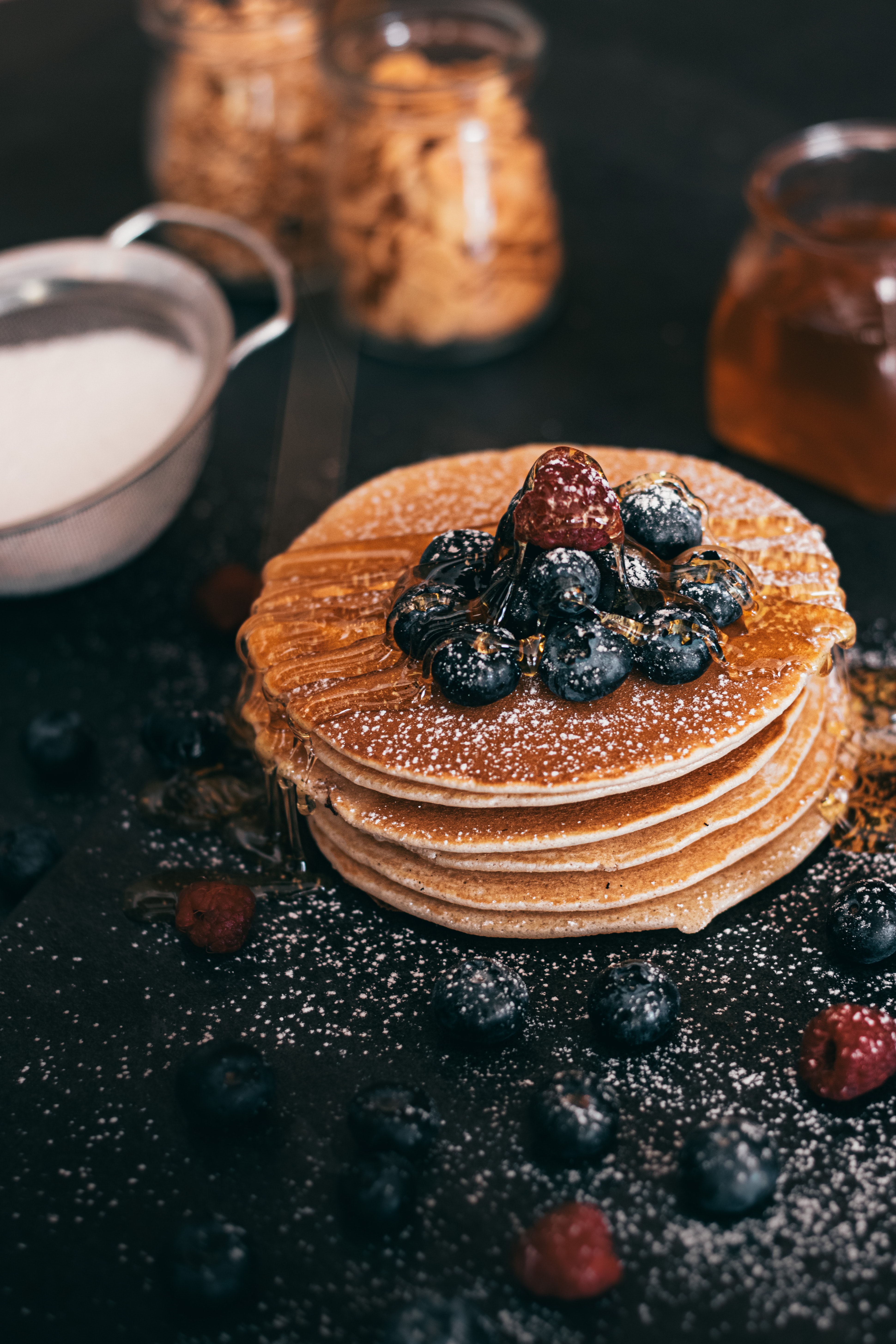 breakfast, berries, food, pancakes, syrup phone wallpaper